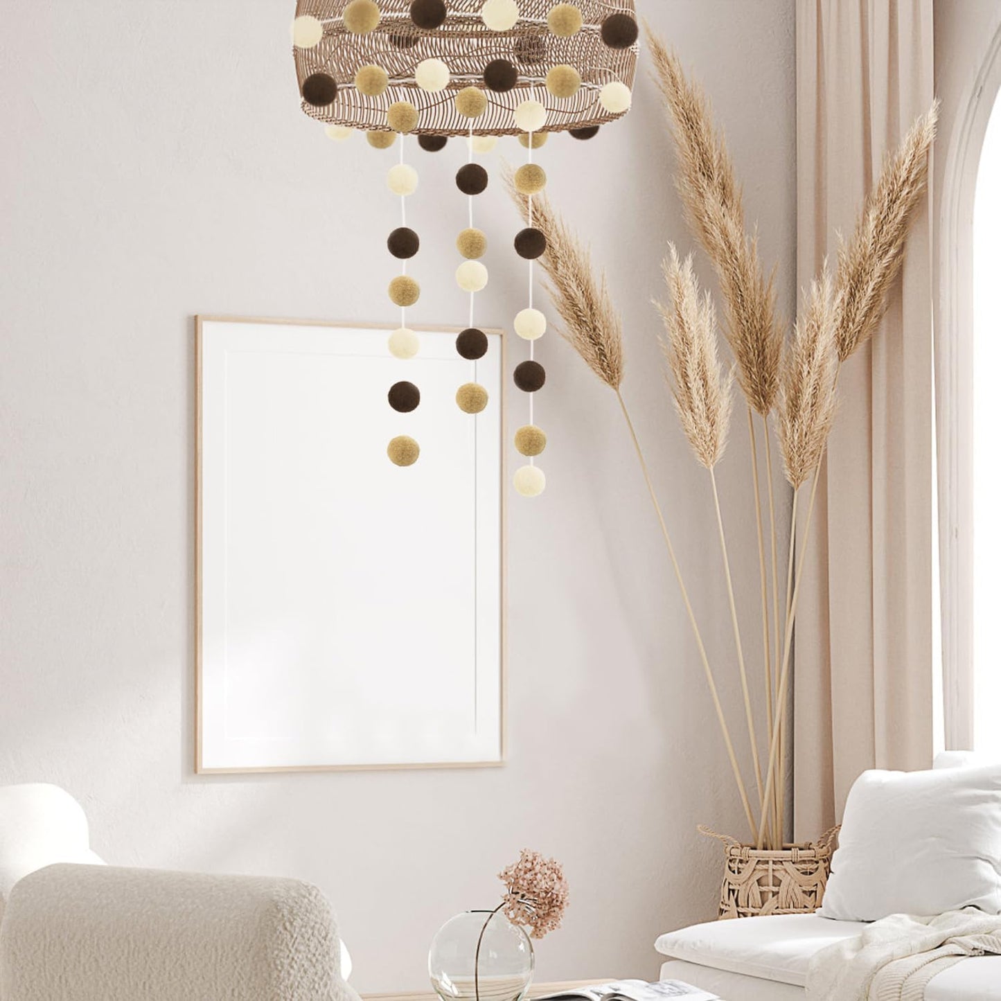 Jishi Pom Pom Garland Boho Party Decorations, 3-Pack Brown Khaki Beige Felt Ball Garland Cute Pastel Rainbow Pompom Strings, Christmas Birthday Wedding Rustic Boho Home Decor Supplies, Xmas Tree Decor