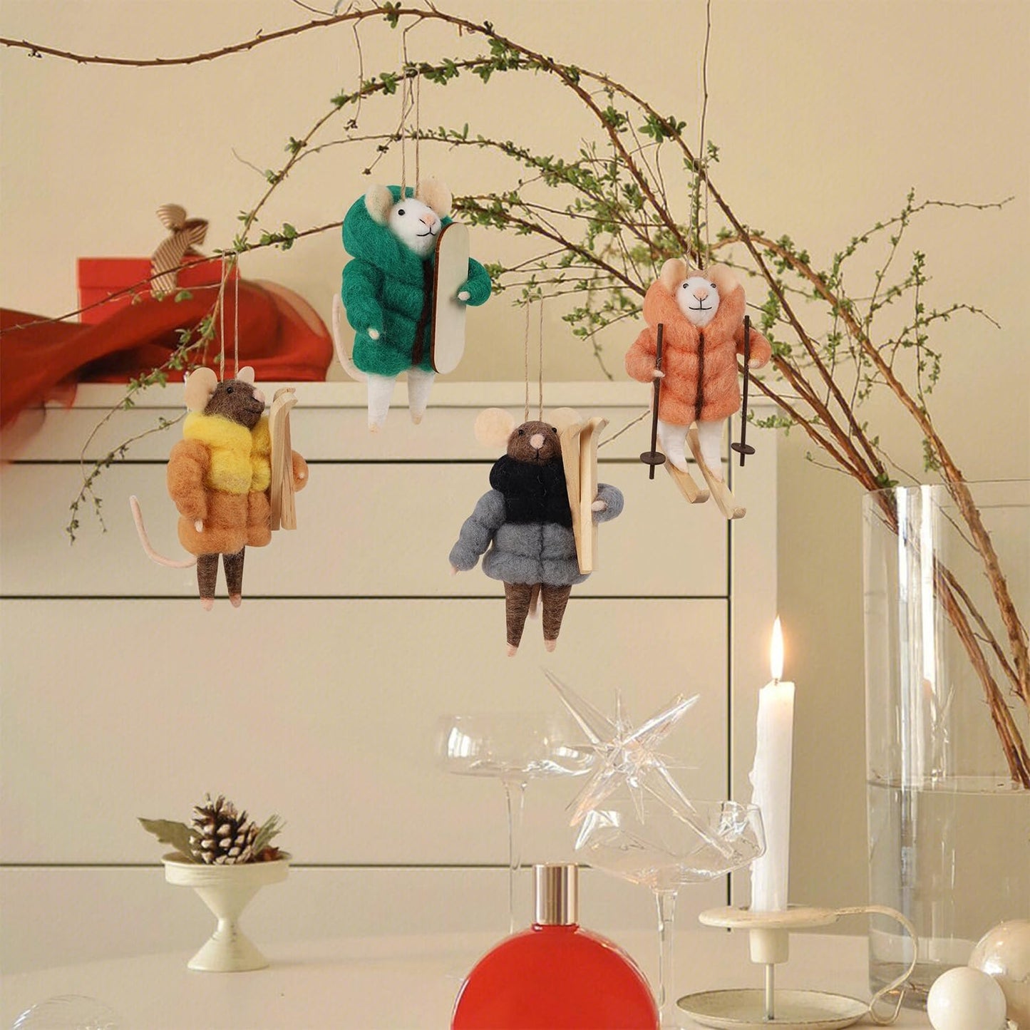 Set of 4 Christmas Felt Skiing Mice Ornaments, 4.7" Mini Winter Hanging Wool Mouse Figurines, Tiered Tray Tabletop Decor, Animal Crafts Xmas Tree Holiday Easter Gifts Home Office Party Supply