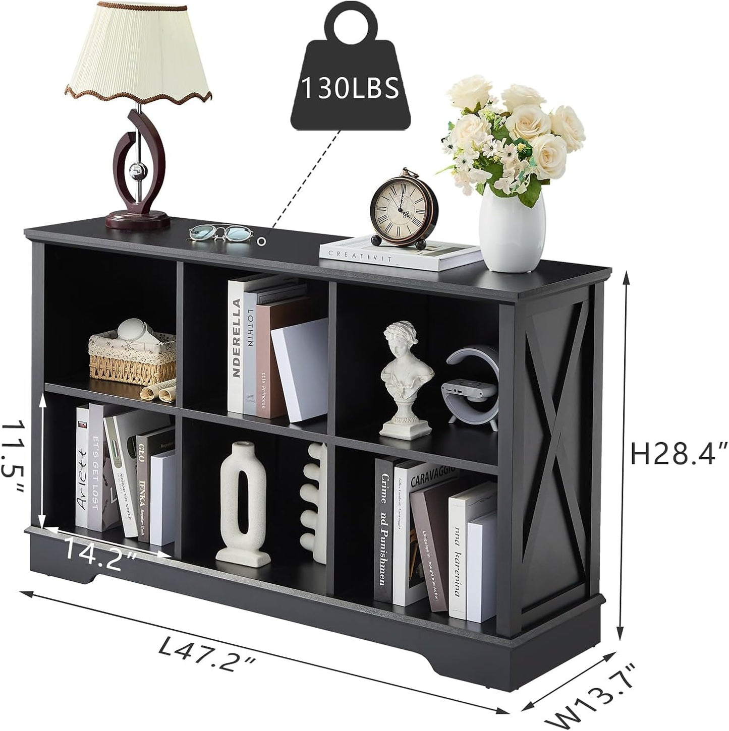 Farmhouse 6 Cube Bookshelf, Black Storage Organizer Bookcase, Kids Toy Storage Cabinet, Long Bookshelves Storage Organizer Shelf, Wood Display Cabinet Book Shelves for Bedroom,Living Room,Office