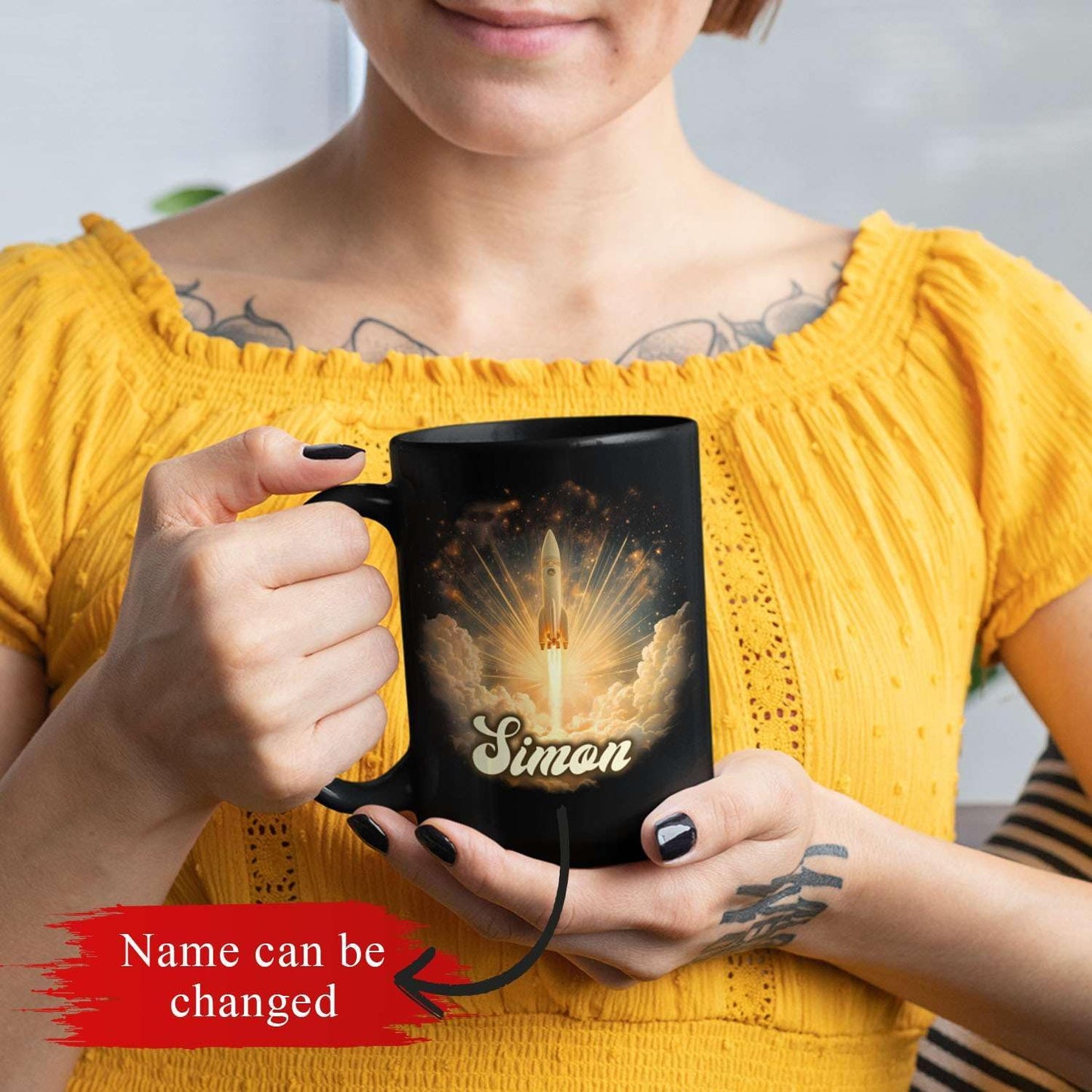 Sci-Fi Inspired Ceramic Mug for Men, Custom Name Coffee Mug 11oz or 15oz, Personalized Rocket Enthusiast Black Cup, Custom Vibrant Rocket Coffee Cup, Gifts for Astronaut Fans