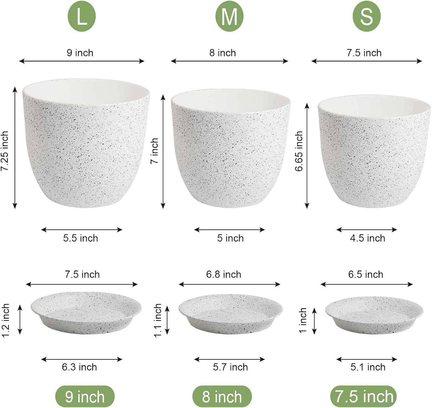 9/8/7.5 inch Flower Pots, Set of 3 Modern Decorative Plastic Planters with Drainage Holes and Saucers for Garden House Plants, Plant Pots for Indoor Outdoor Plants, Speckled White