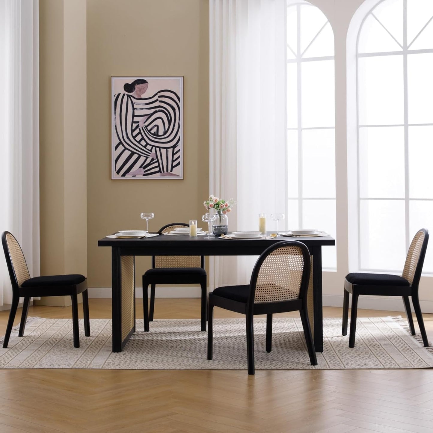 Mid Century Dining Chairs Set of 6, Accent Rattan Sherpa Fabric Side Chairs Kitchen Chair with Solid Wooden Legs for Living Room Dining Room, Black