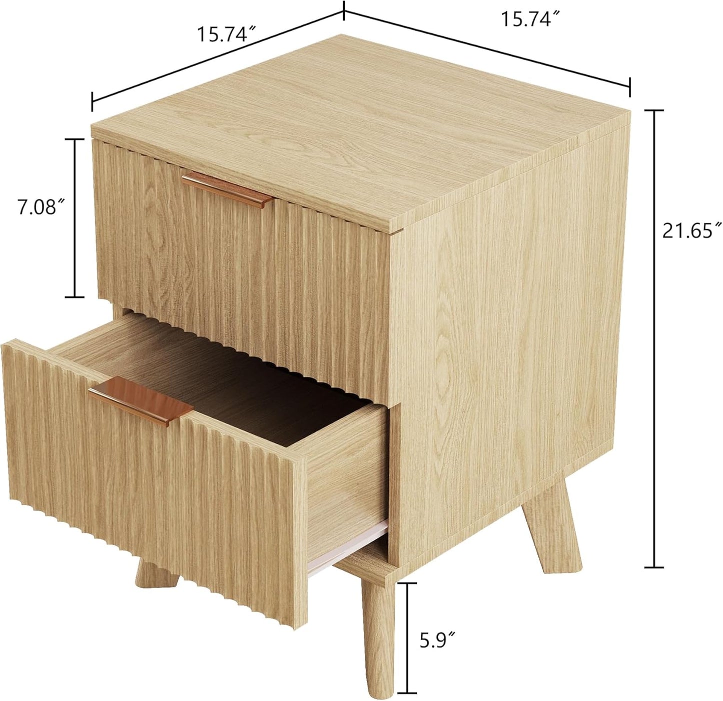 Fluted Nightstands Set of 2, Mid Century Modern 2 Drawer Dresser for Bedroom, Small Night Stand Side Table End Table with Wood Drawer Storage for Bedroom Closet, Natural