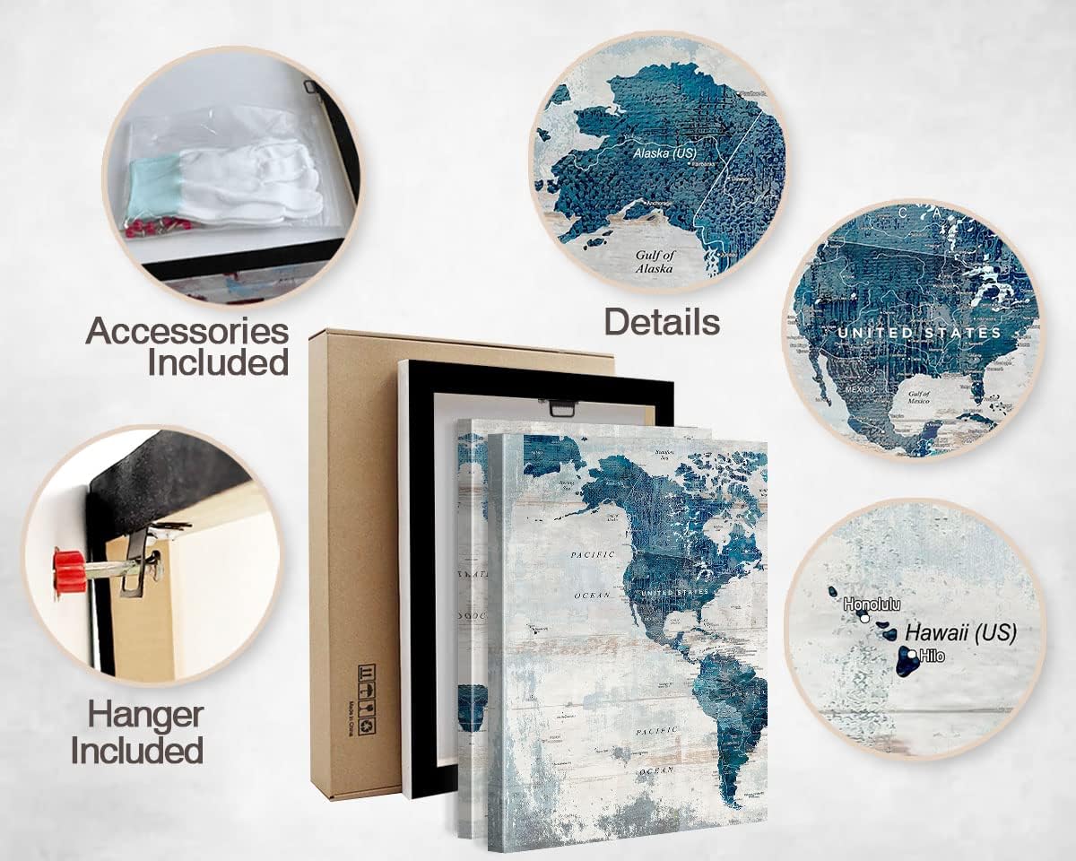 Office Wall Decor Large Wall Art for Living Room Canvas World Maps Framed Artwork for Walls Picture Paintings for Home Wall Decorations