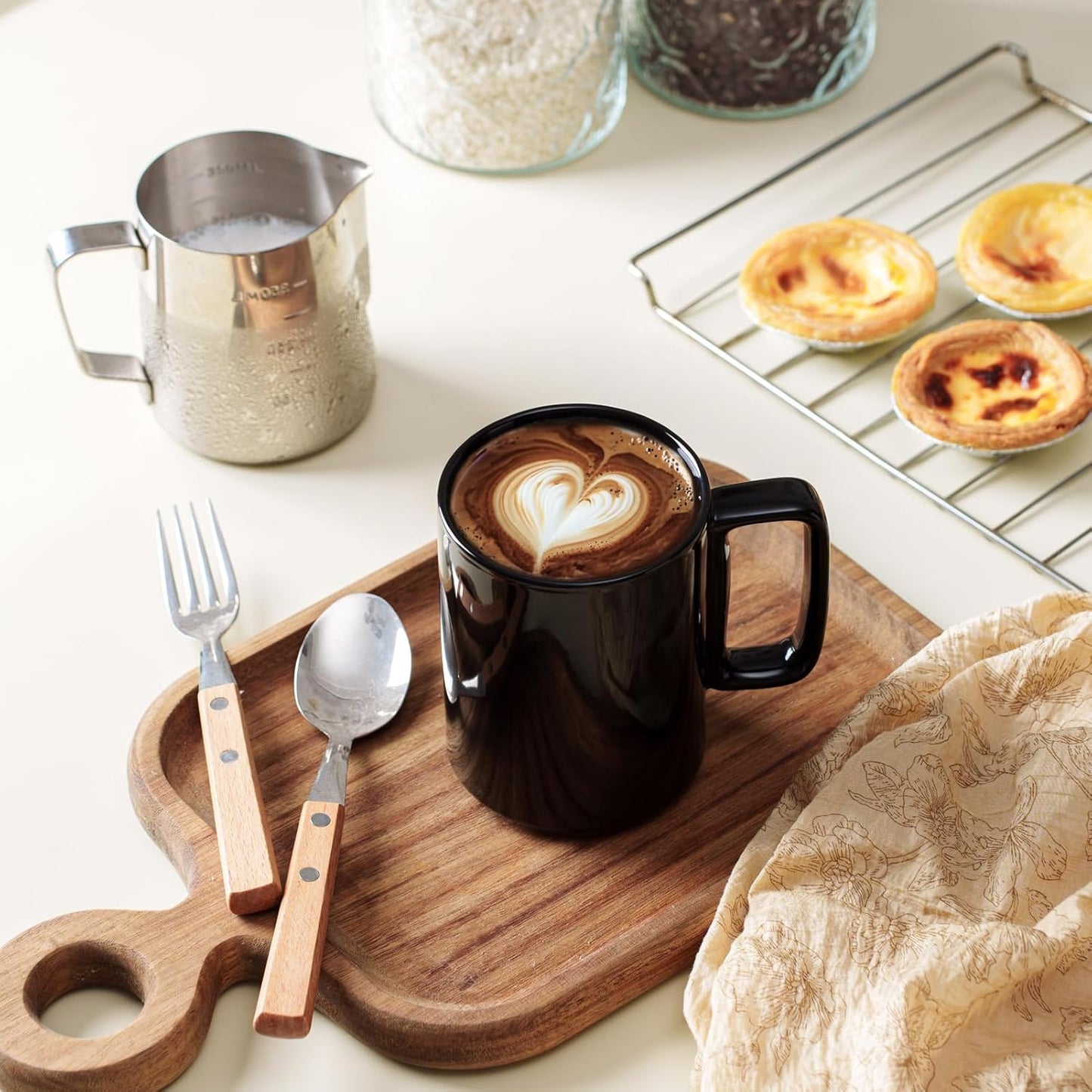 E-liu Porcelain Tea Mugs Coffee Mug Set, Large 15 Ounces Cups for Coffee, Tea, Cocoa, and Mulled Drinks, Set of 6, Black