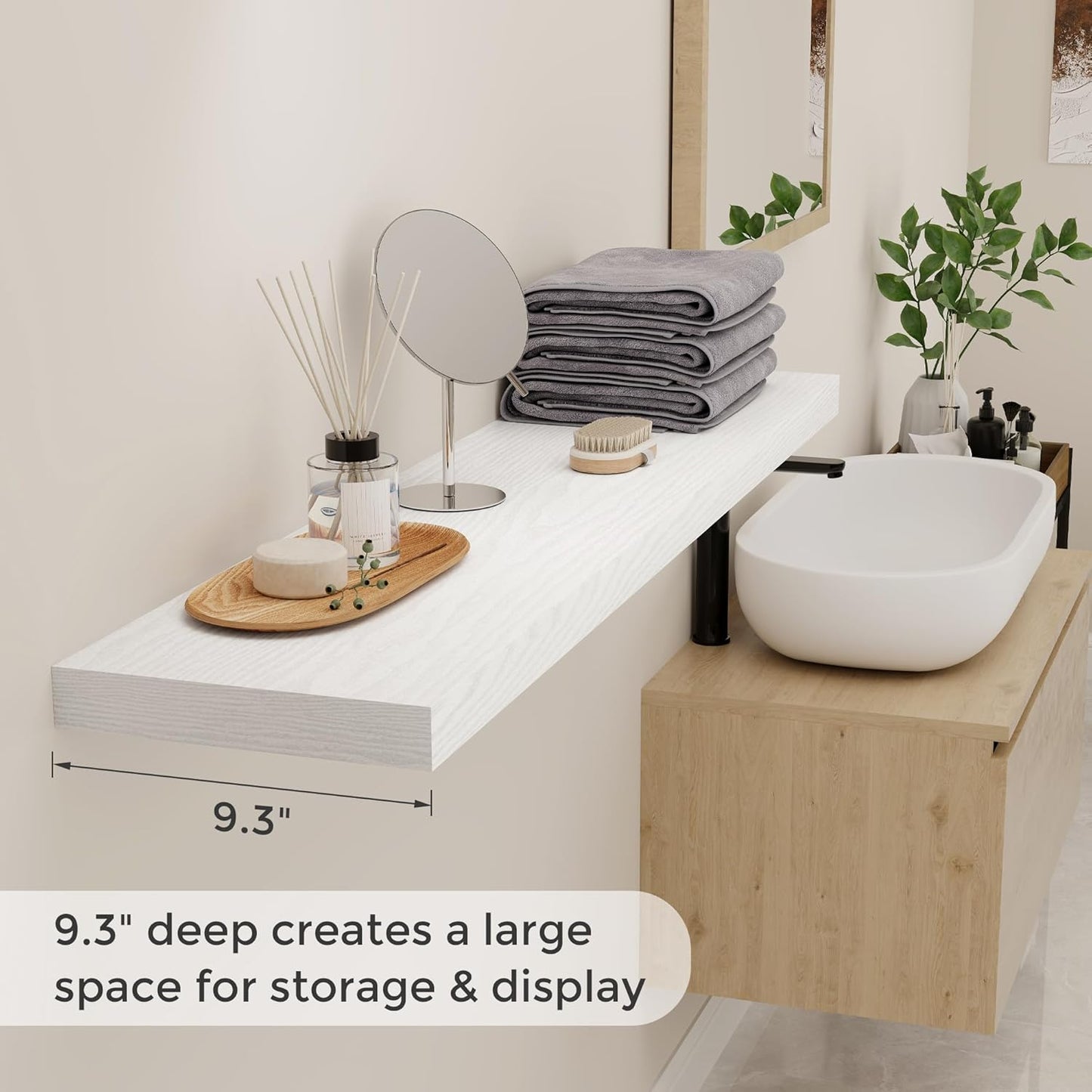 Fun Memories Floating Shelves 48 Inch Set of 2, White 48 x 9 Wall Shelves for Home Decor Storage, Rustic Wood Floating Shelf for Wall, 9 Inch Deep Shelving for Bathroom, Living Room, Kitchen