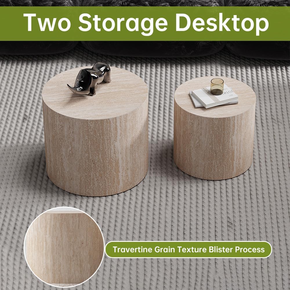 Round Nesting Coffee Tables Modern Travertine Coffee Table Small Round Coffee Tables Circular Side Table Accent End Table Nested Coffee Table Set for Living Room (Travertine)