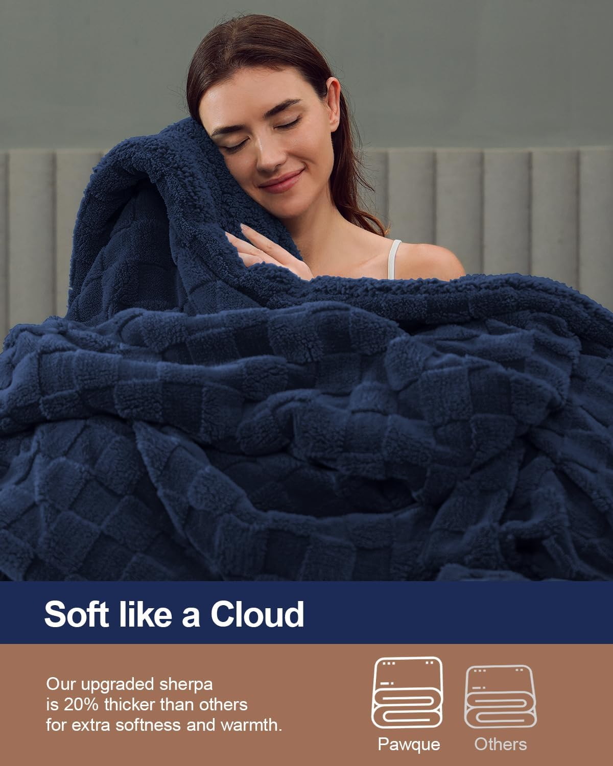 Pawque Super Soft Cozy Throw Blanket Twin Size for Couch Bed, Fluffy Sherpa Fleece Reversible Thick Warm Fuzzy Blanket for All-Season, 3D Checkered Jacquard Decorative Blankets, Navy Blue, 60" x 80"
