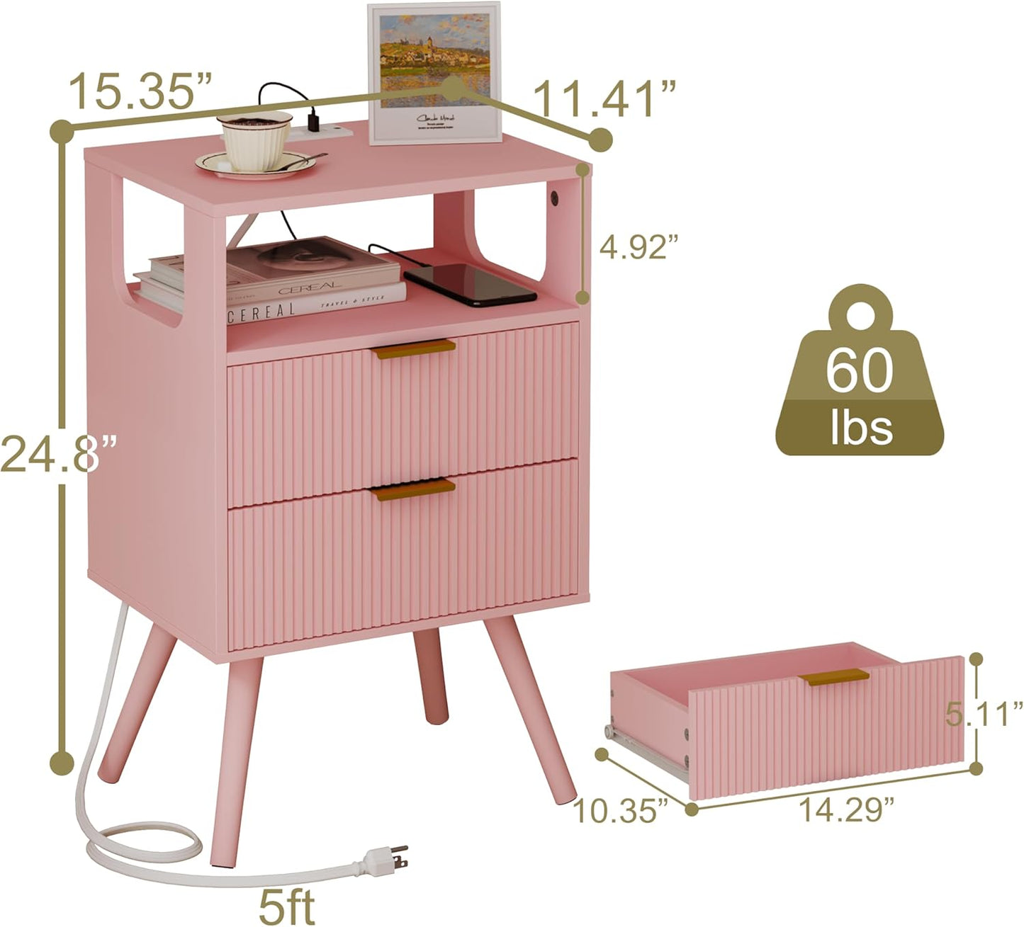 Pink Nightstand with Charging Station and LED Lights,Modern Bedside Table with 2 Storage Drawer and Open Wood Shelf, for Bedroom and Small Spaces,Night Stand with Solid Wood Legs,Pink