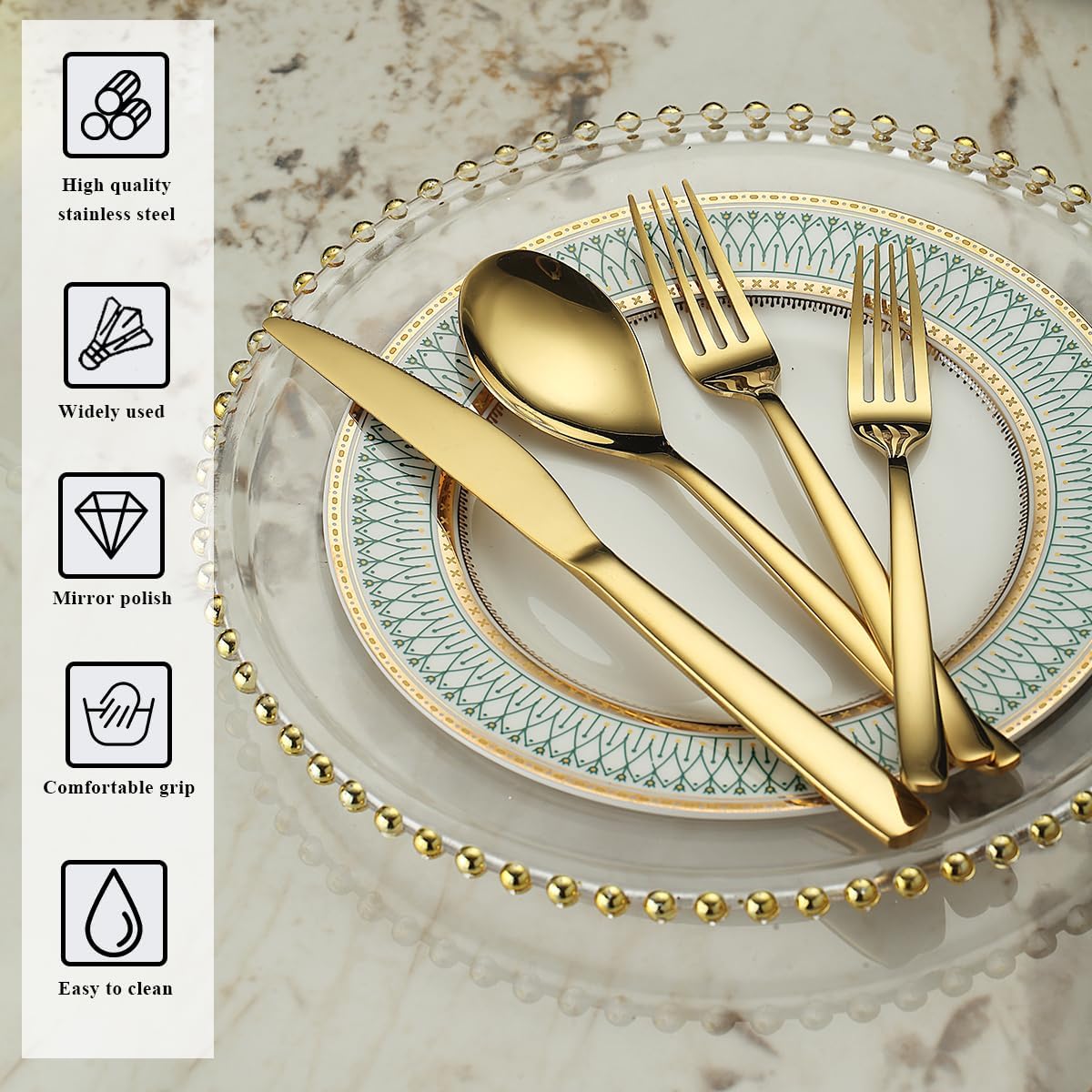 Berglander Gold Silverware Set 48pcs Service for 12, Golden Titanium Plating Stainless Steel Flatware Set, Gold Spoons Forks Knives Set for Home, Wedding, Restaurant, Hotel, Dishwasher Safe