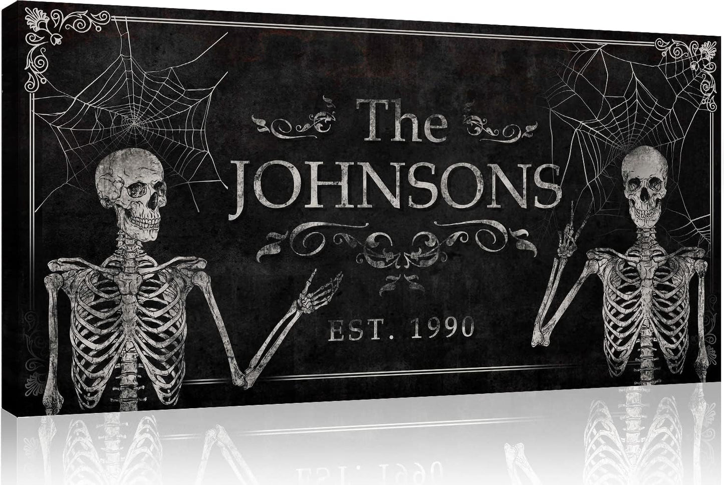 Tailored Canvases Gothic Family Wall Decor - Personalized Grunge Vintage Skeleton Room Decor for Home, Halloween Lovers, Men & Women for Bedroom, Living Room - Custom Couple Name, White Print, 48"x24"