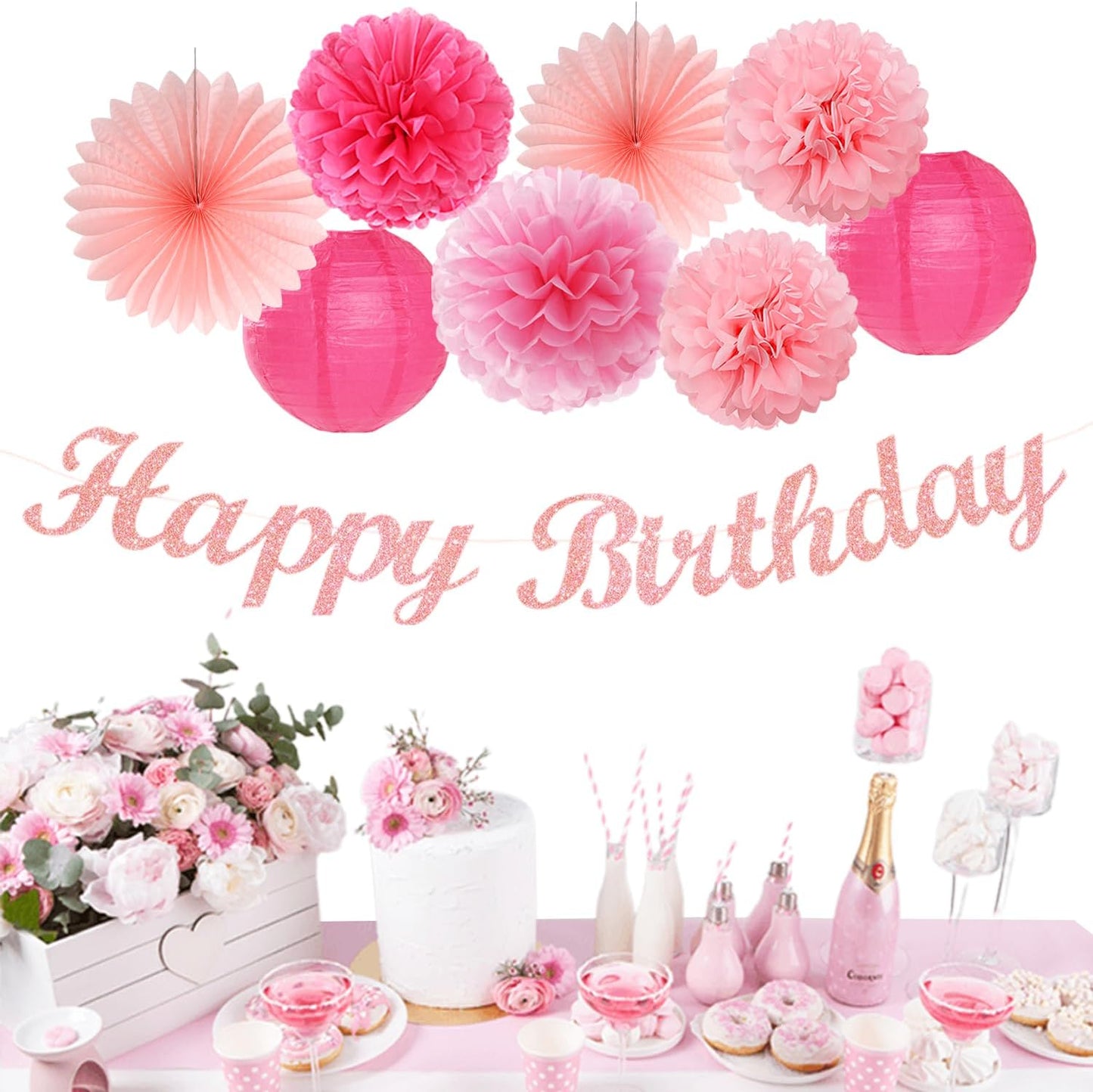 Hot Pink Birthday Party-Decorations Paper-Flowers - 14pcs Happy Banner Girl Lanterns Tissue Pom Poms,Women Streamers Garland Fans,21st 18th Princess Baby Sweet 16 Pretty Hanging Supplies Decor Hugfond