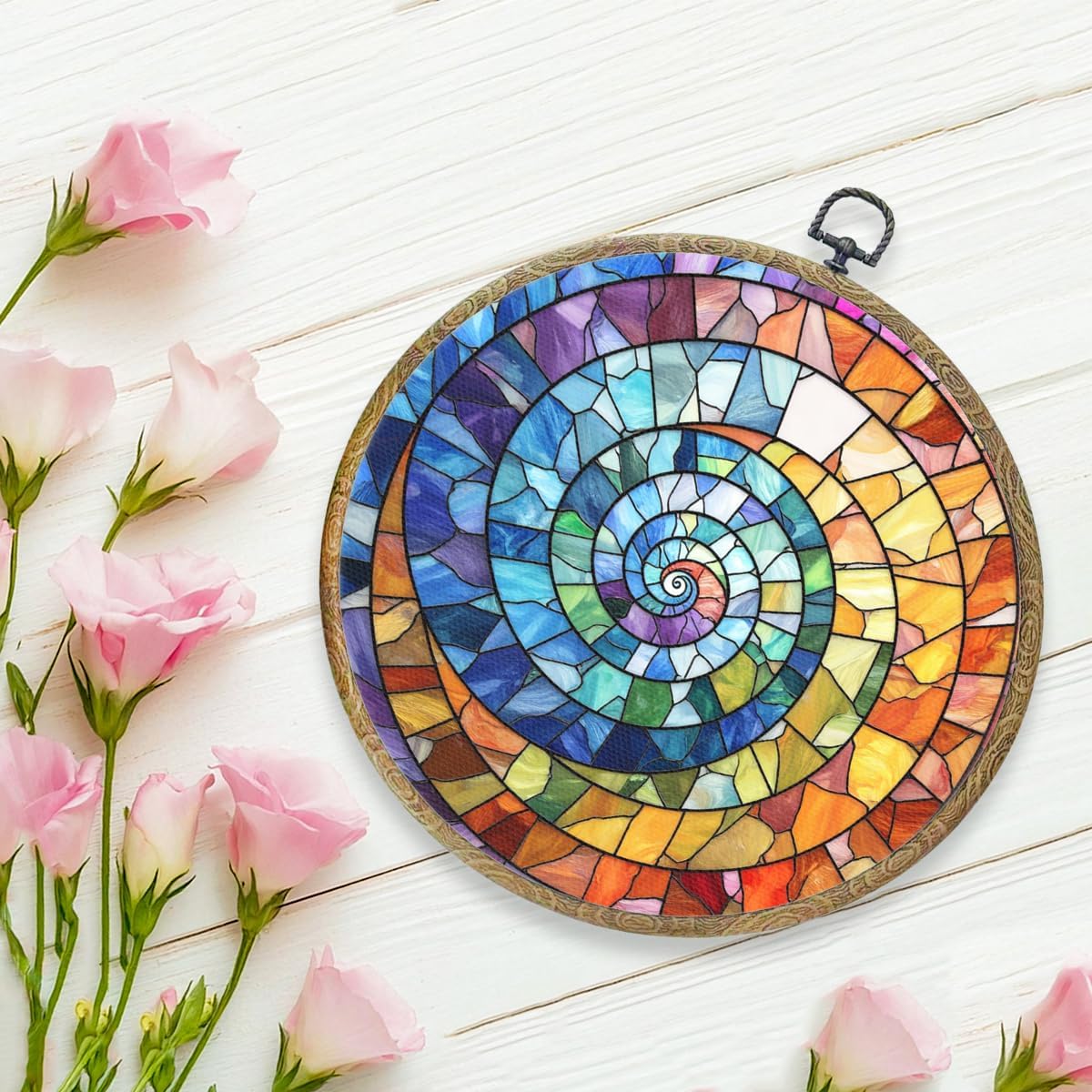 Colorful Boho Rainbow Geometric Spiral Sun Art Gift Framed Round Wall Decor Canvas Wall Art Hanging Prints Artwork for Home Office Porch Nursery Bedroom Living Room Decorations 10.2X10.2 Inch