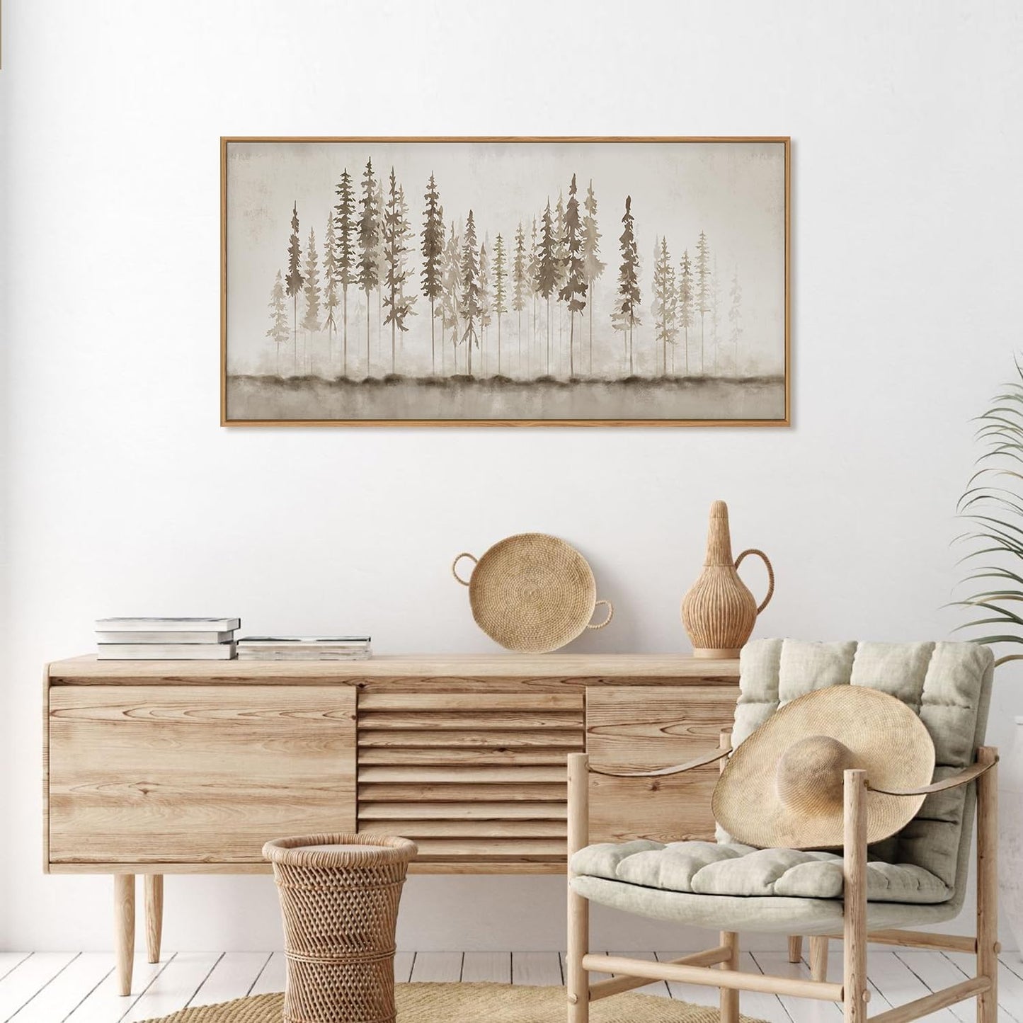 HPINUB Misty Forest Framed Canvas Wall Art Set, Foggy Pine Tree Wall Decor, Pastel Nature Landscape Wall Painting, Evergreen Coniferous Plant Art Print for Living Room, Bedroom, Office - 20"x40"