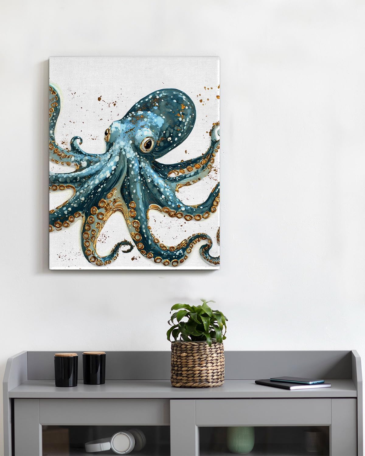 Nautical Octopus Canvas Wall Art Octopus Ocean Theme Print Poster Coastal Framed Picture Painting for Home Beach House Bedroom Wall Decor 8x10 Inch