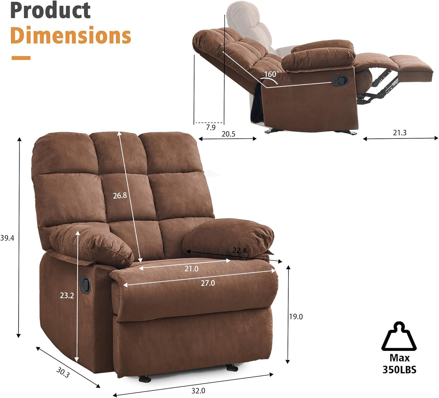 Rocker Recliner Chair, Overstuffed Manual Rocking Recliner for Adults, Upholstered Comfy Soft Fabric Living Room Reclining Sofa Chair (Brown Fabric)