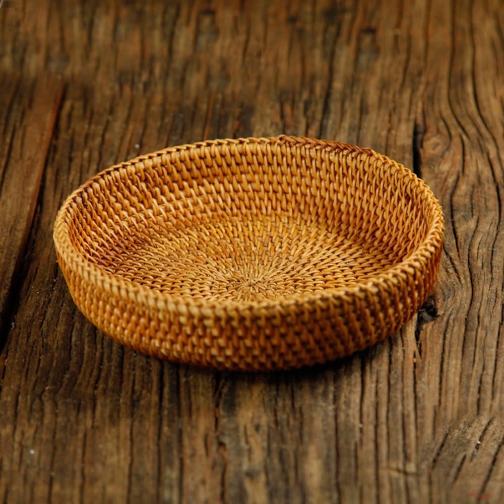 Hadewoven Round Rattan Fruit Basket Wicker Food Tray Weaving Storage Holder Dinning Room Bowl, 7”Decorative Natural Basket Woven Fruit Basket Bowl for Entryway Table, Countertop (Small 7”)