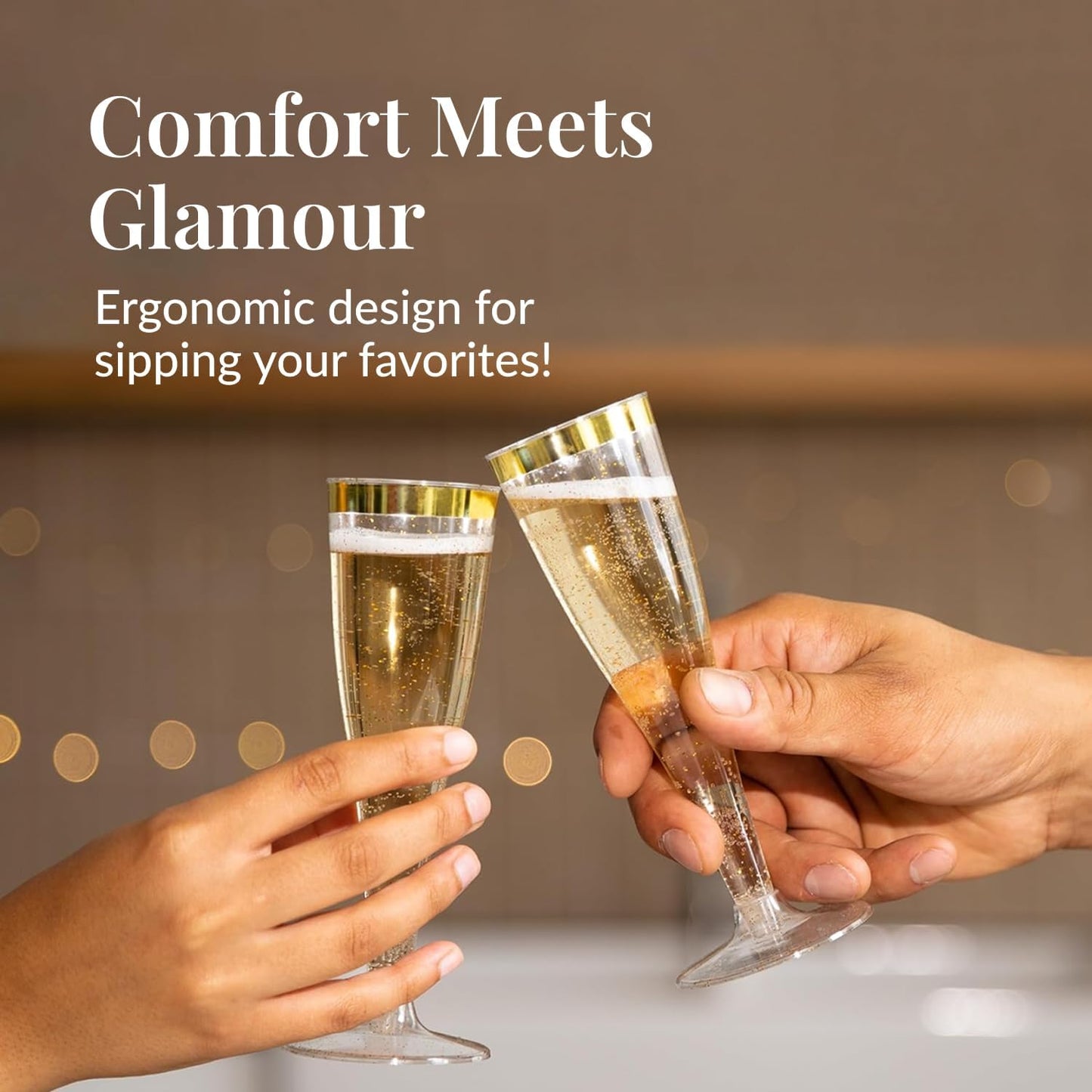 Prestee 48 Disposable Plastic Champagne Flutes with Gold Rim Glitter - Clear Toasting Glasses for Mimosa, New Year’s Eve Party, and Elegant Celebrations - Premium Quality Disposable Stemware