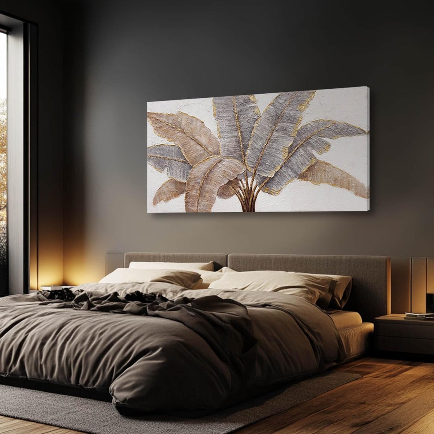 White and Gold Canvas Wall Decor Textured Wall Art Leaves Artwork for Living Room Office Contemporary Art Plant Picture for Home 29x58 Inch