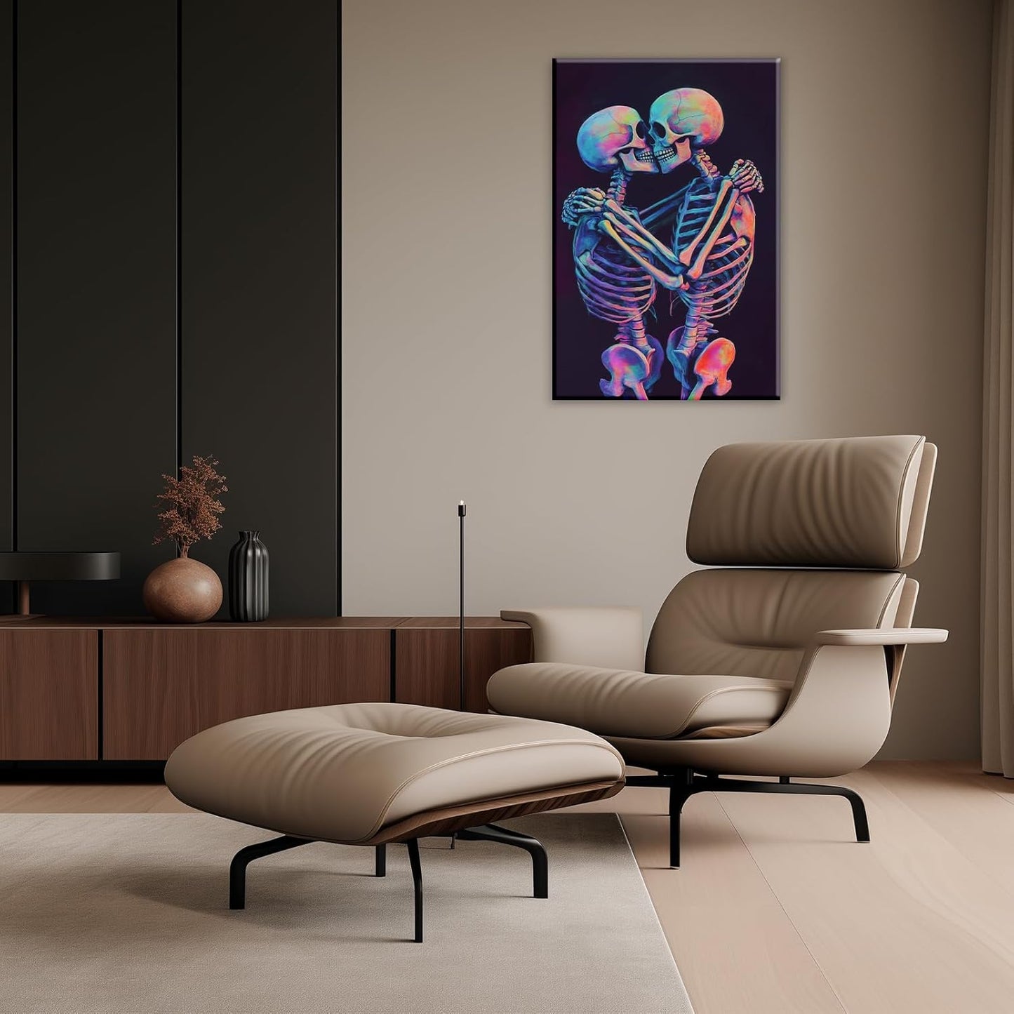 Skeleton Wall Art Kissing Skull Art Poster Skeleton Lover Picture Print On Canvas Abstract Horrible Theme Painting Framed Artwork Living Room Decor(Artwork-3,16"x24")