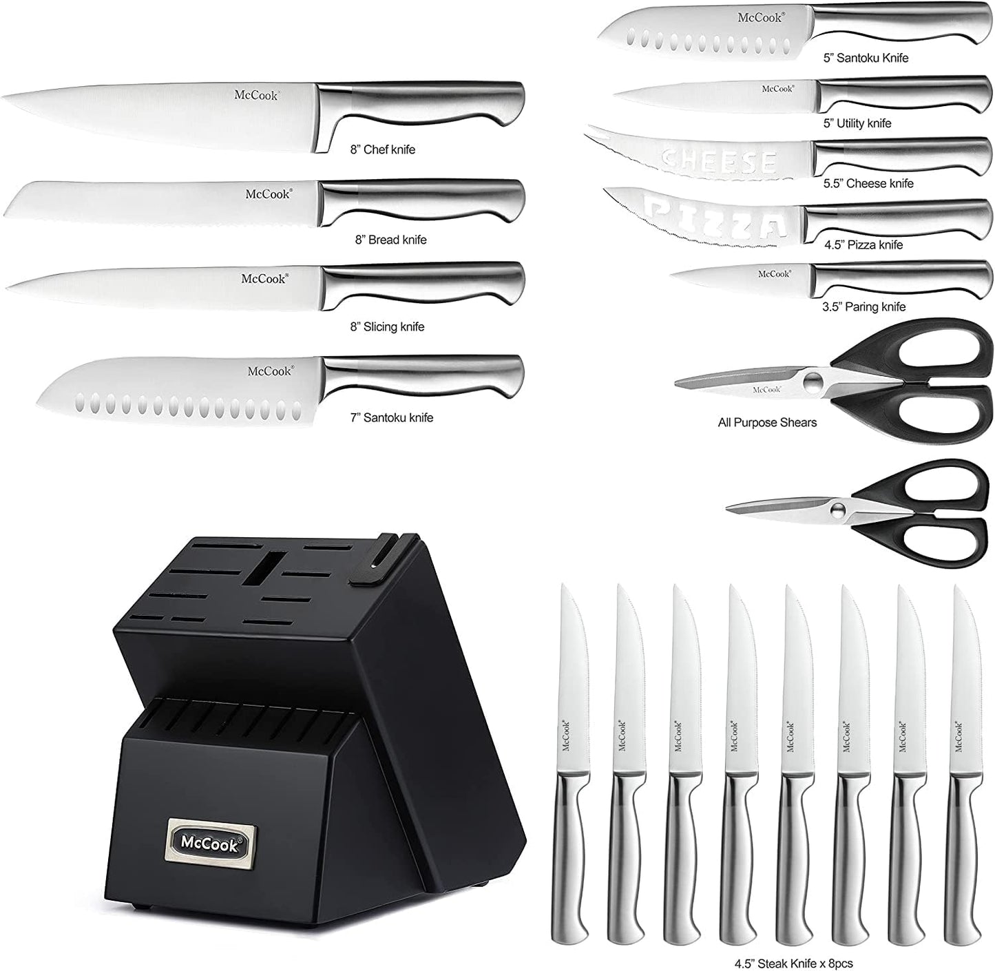 McCook® Knife Sets,German Stainless Steel Kitchen Knives Block Set with Built-in Sharpener