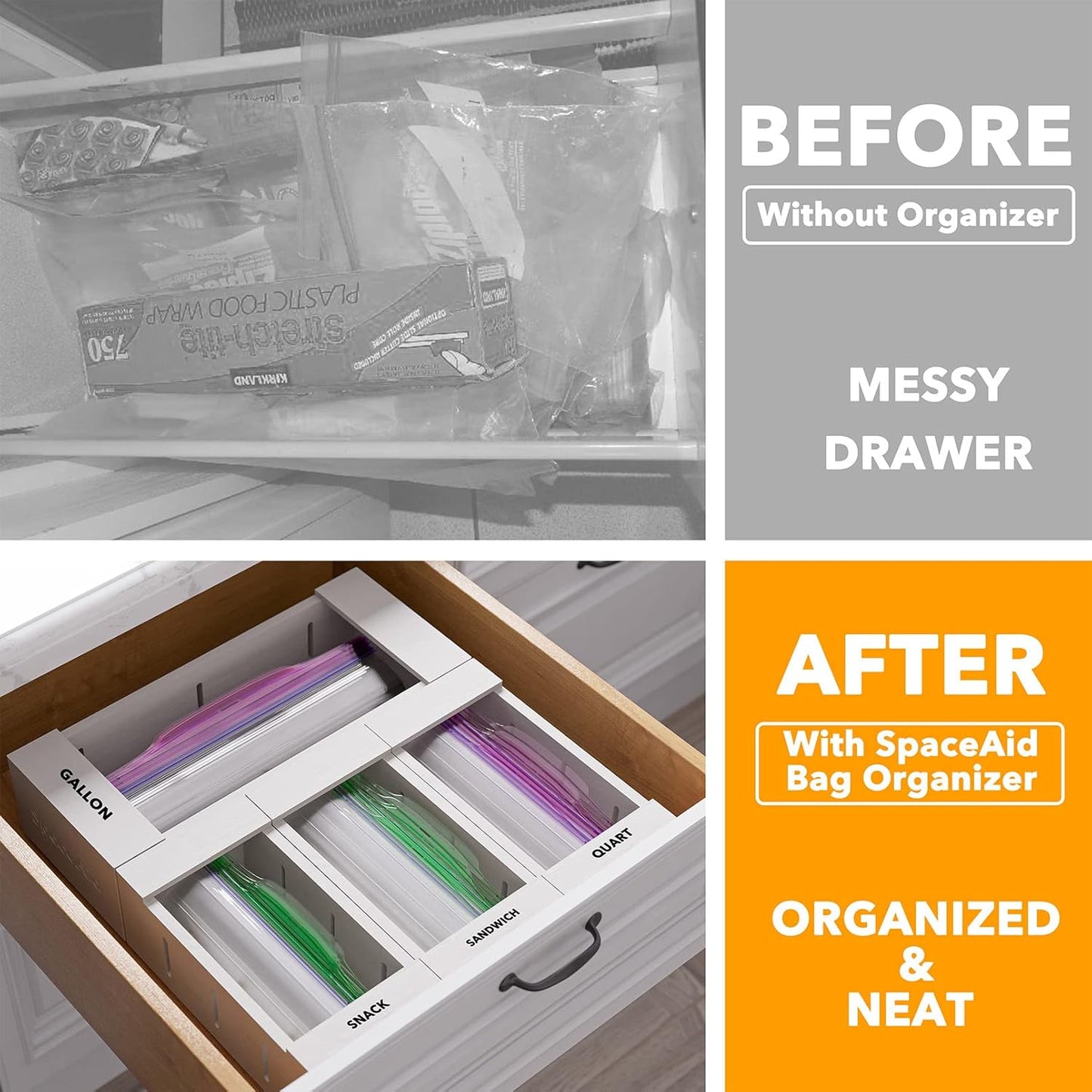 SpaceAid Bag Storage Organizer for Kitchen Drawer, Bamboo Organizer, Compatible with Gallon, Quart, Sandwich and Snack Variety Size Bag (4 Pack), White