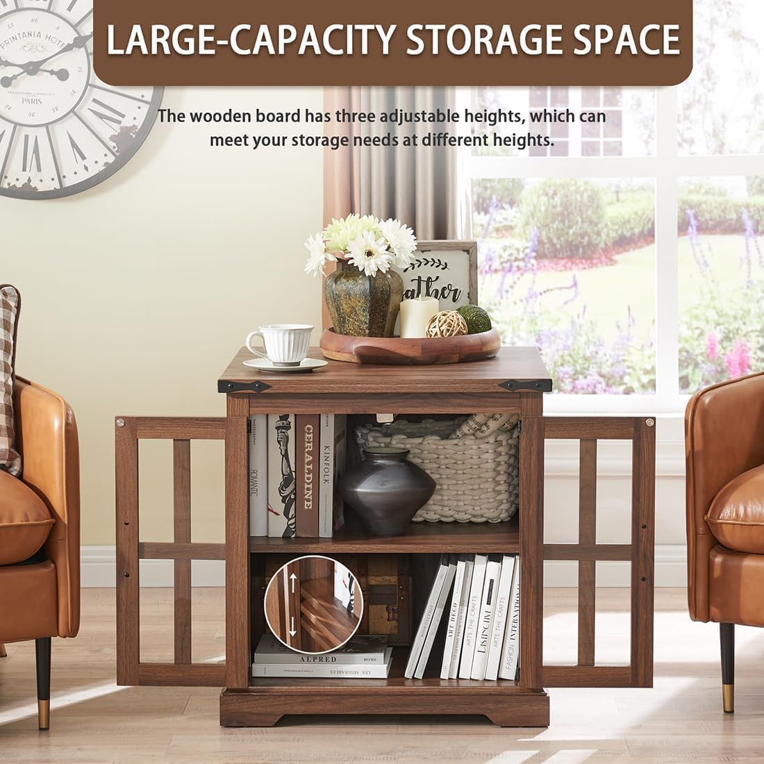 Farmhouse End Table with Charging Station,24" Large Sofa Side Table with Glass Barn Door, Rustic Wood Nightstand Bedside Table with Adjustable Storage Shelf for Living Room, Bedroom, Walnut