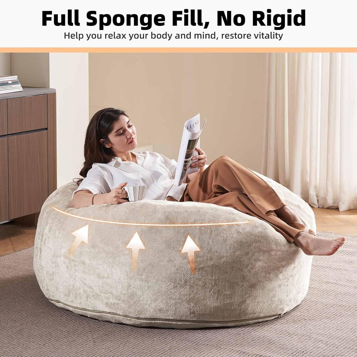 4FT Large Bean Bag Chairs,Big Adult Size Memory Foam Beanbags with Filler Included,Machine Washable corduroy cover,Ultra Soft Plush Gaming Bing Bag Puff Chair for Dorm, Living Room & Bedroom (Apricot)