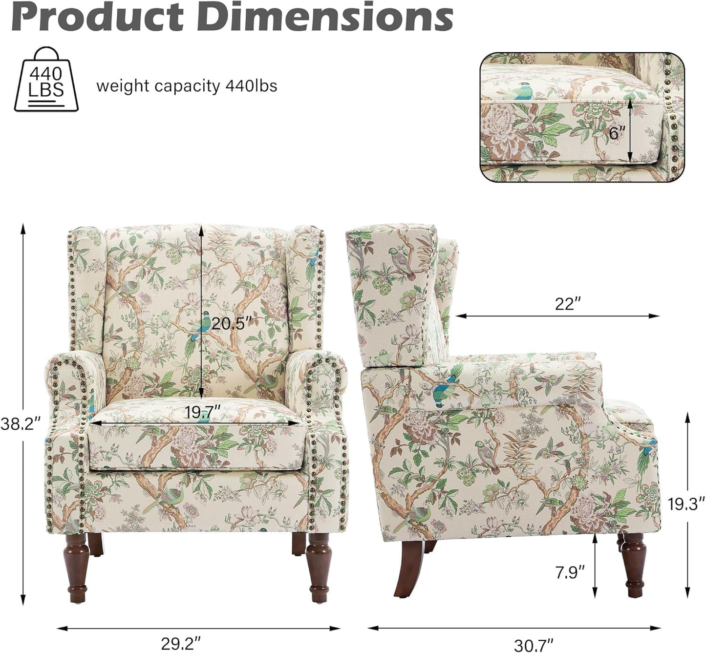UIXE High Back Floral Accent Chair, Fabric Upholstered Armchair for Living Room, Retro Wingback Arm Chair with Solid Wood Legs, Nailhead Trim Single Sofa Bedroom Reading Seat - Bird Pattern
