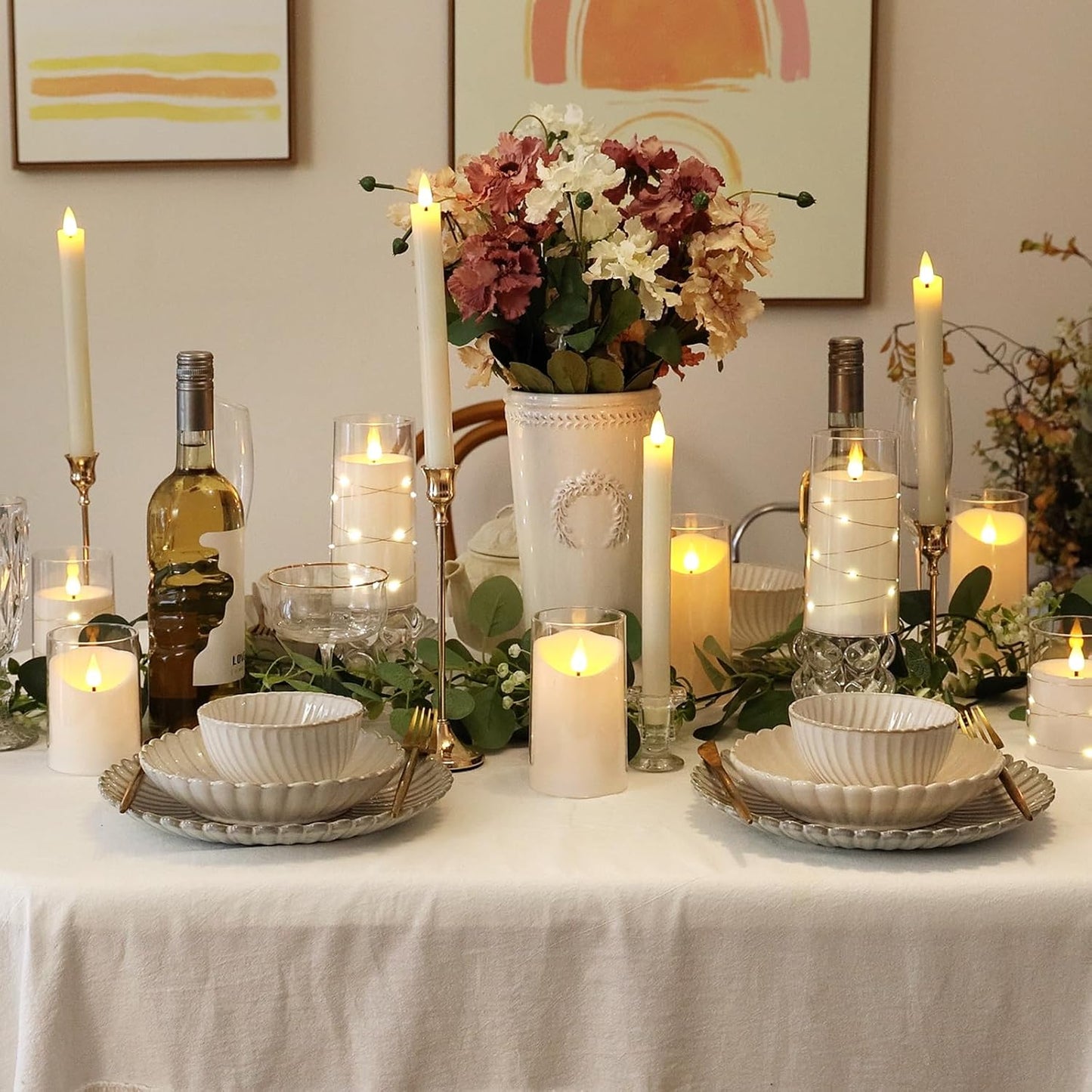 NURADA Flickering Flameless Candles: Built-in Star String Lights Acrylic 3D Wick Battery Operated LED Pillar Candles with Remote and Timer for Romantic Mood Home Decoration - 3 Pack Pure White