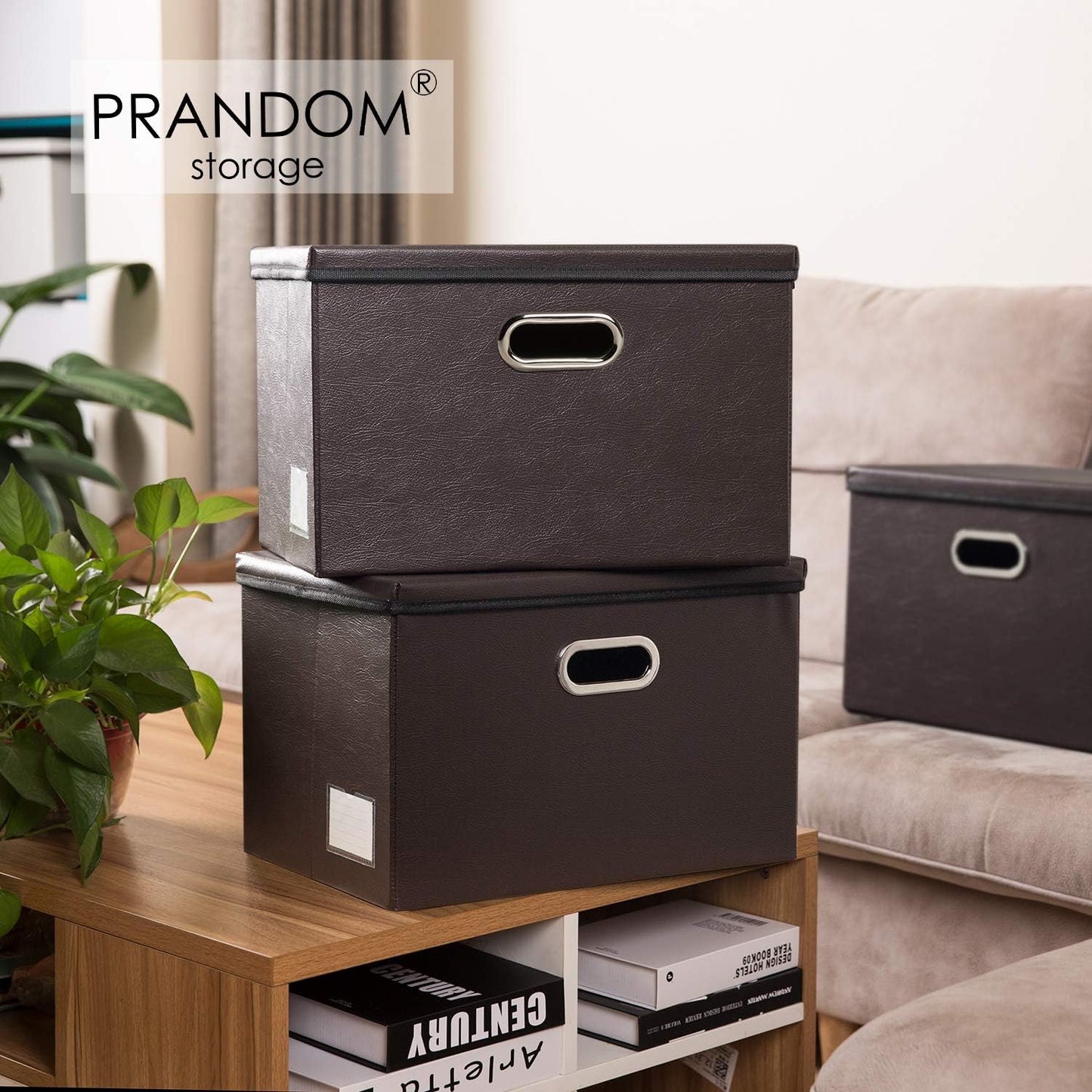 PRANDOM Large Stackable Storage Boxes with Lids [5-Pack] Leather Fabric Foldable Storage Bins Organizer Containers Baskets Cubes with Cover for Bedroom Closet Office Nursery Brown(17.7x11.8x11.8)