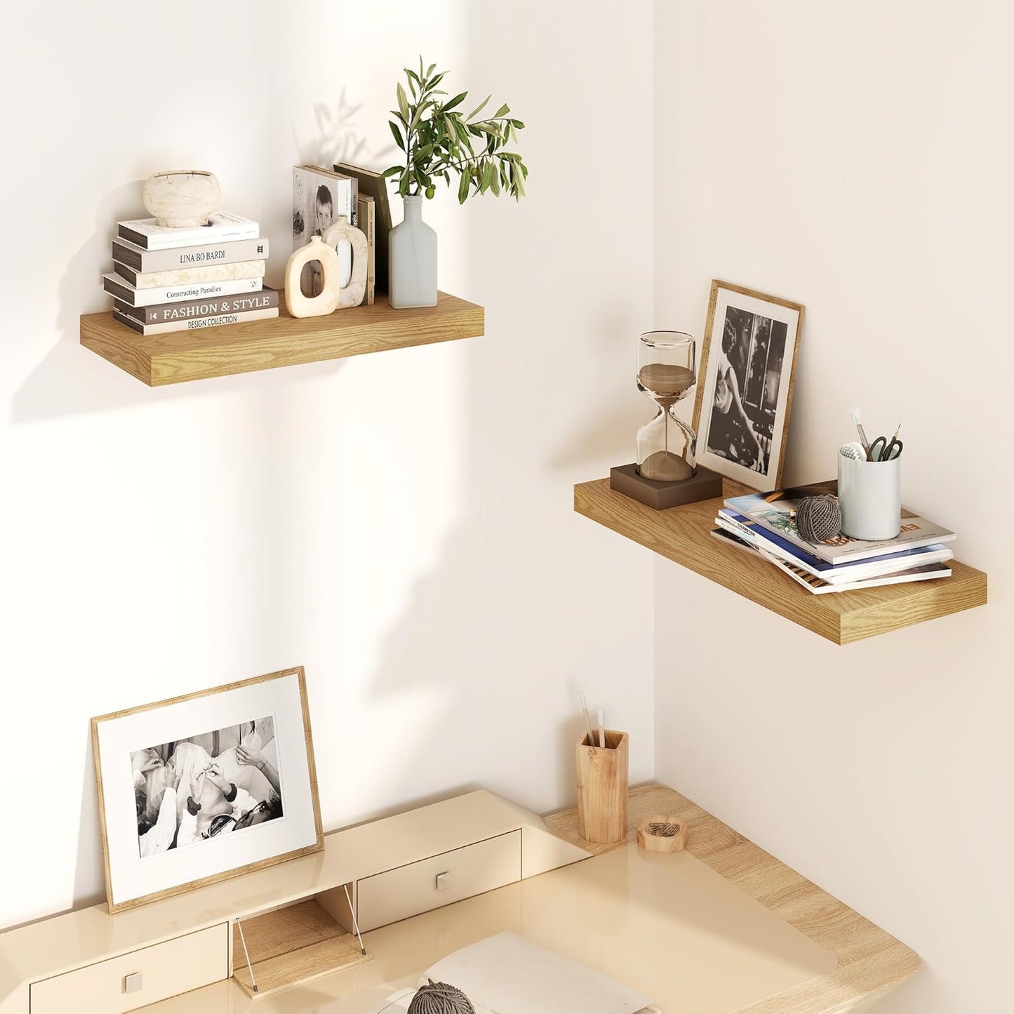 Fun Memories Floating Shelves for Wall, 8 Inch Deep Floating Wall Shelf, 16" x 8" Floating Shelves - Set of 2, Rustic Wooden Storage Shelves for Bathroom, Living Room, Kitchen