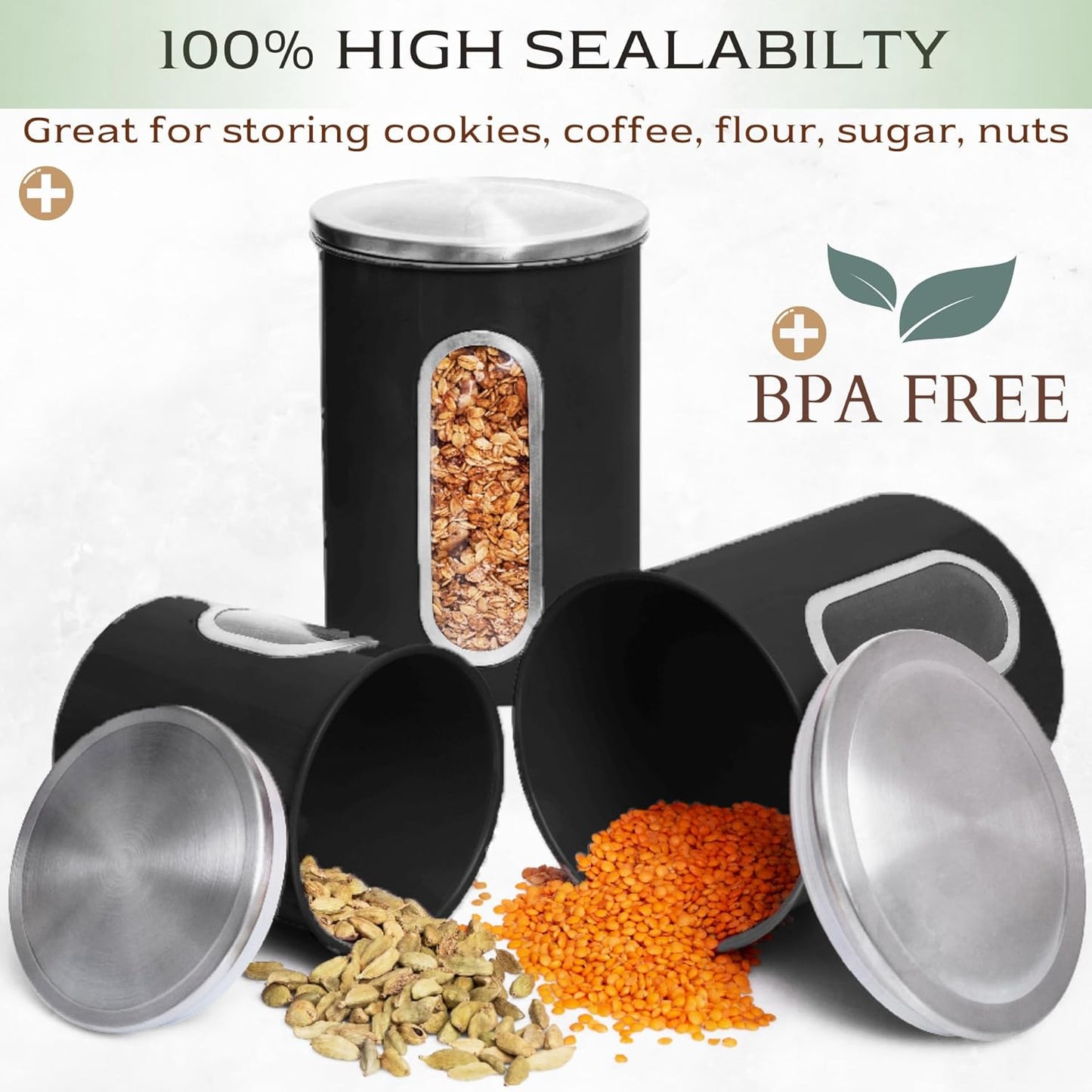 Moss & Stone 3-Piece Black Canisters Sets For The Kitchen, Airtight Canister Set With See Through Window, Storage Jars for Coffee Container, Tea Organizer & Sugar Canister, Black Kitchen Canisters