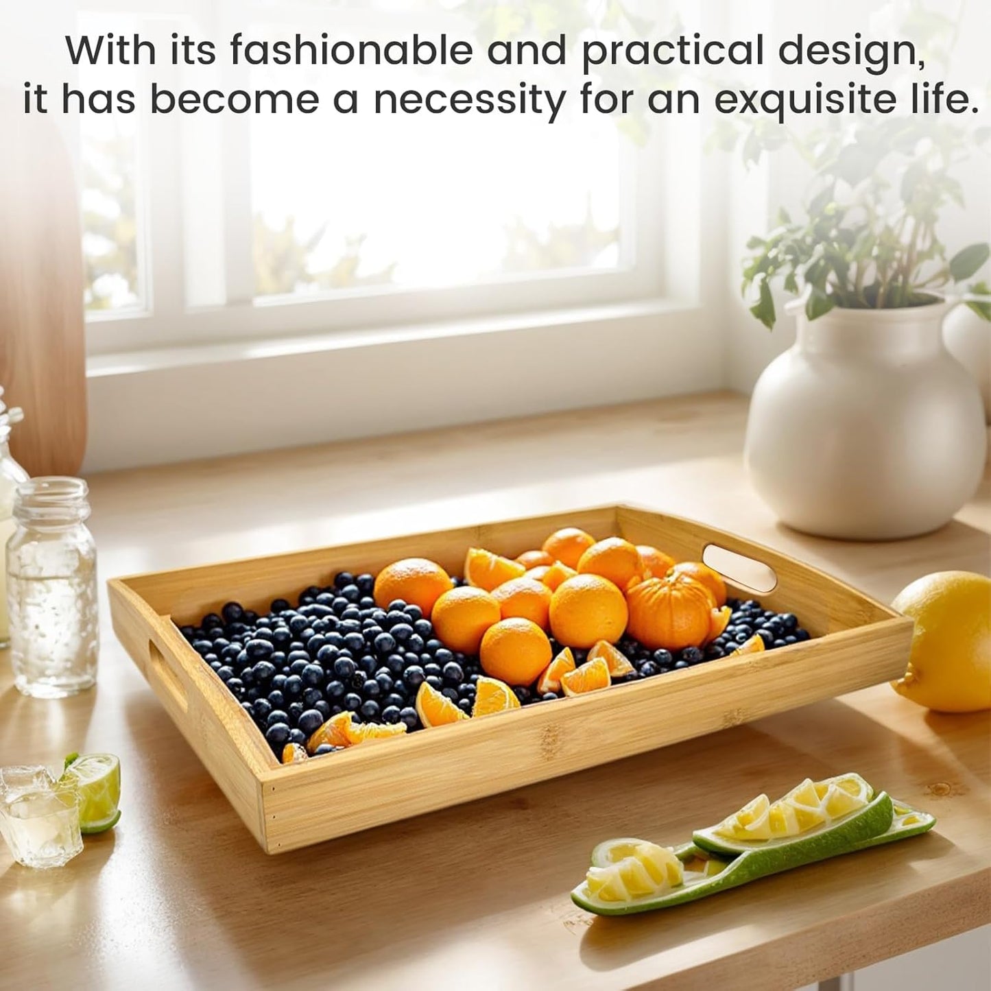 Bamboo Serving Tray with Handles Set of 3 - Decorative Wooden Trays for Eating, Working, and Storing, Suitable for Use in Bedroom, Living Room, Kitchen, Bathroom, Outdoor Scenarios and More