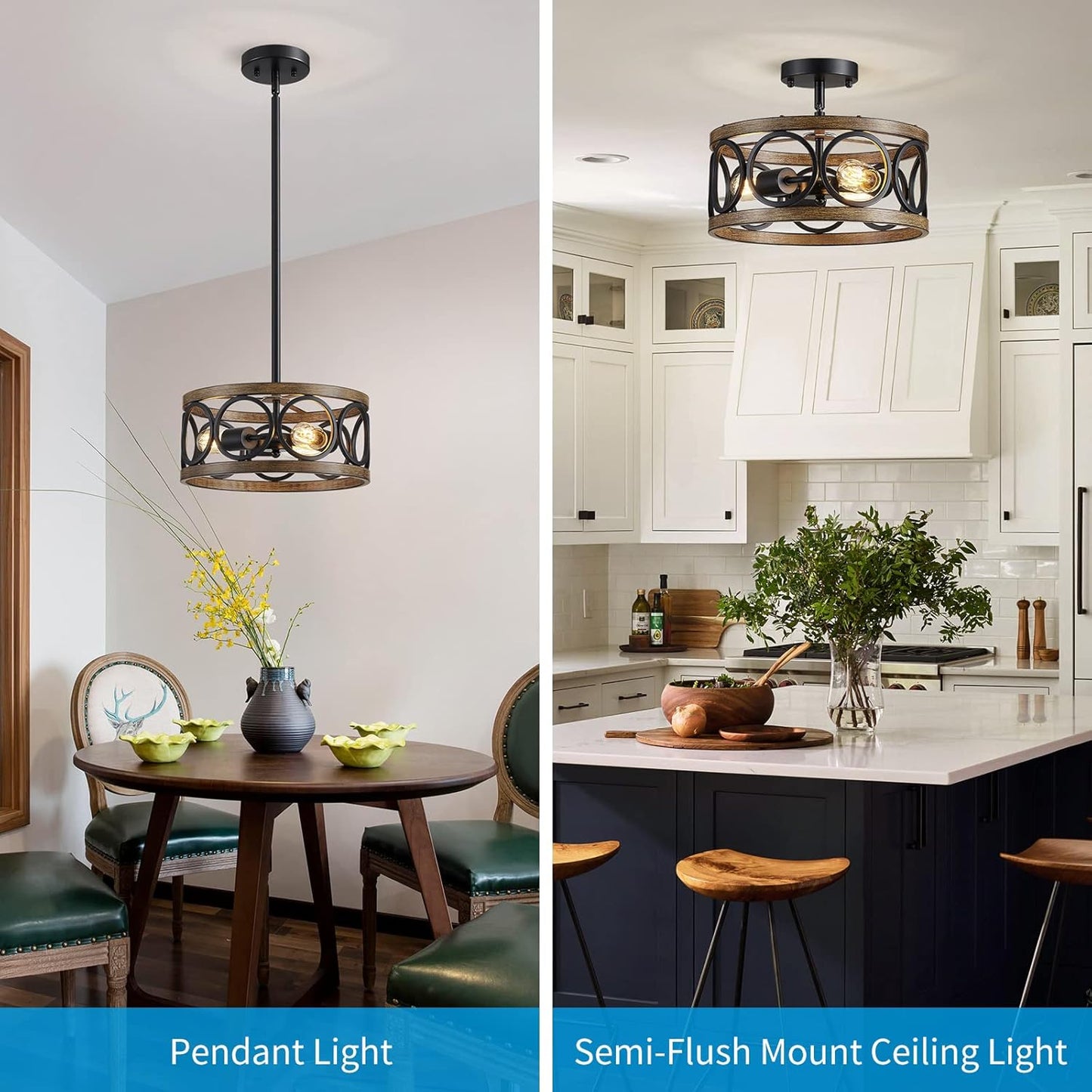 XINGQI Black Ceiling Light Adjustable Height Chandelier Modern Farmhouse Pendant Lighting Fixture Wood Grain Metal 13" Rustic Round Lights for Dining Room Kitchen Bedroom Entryway