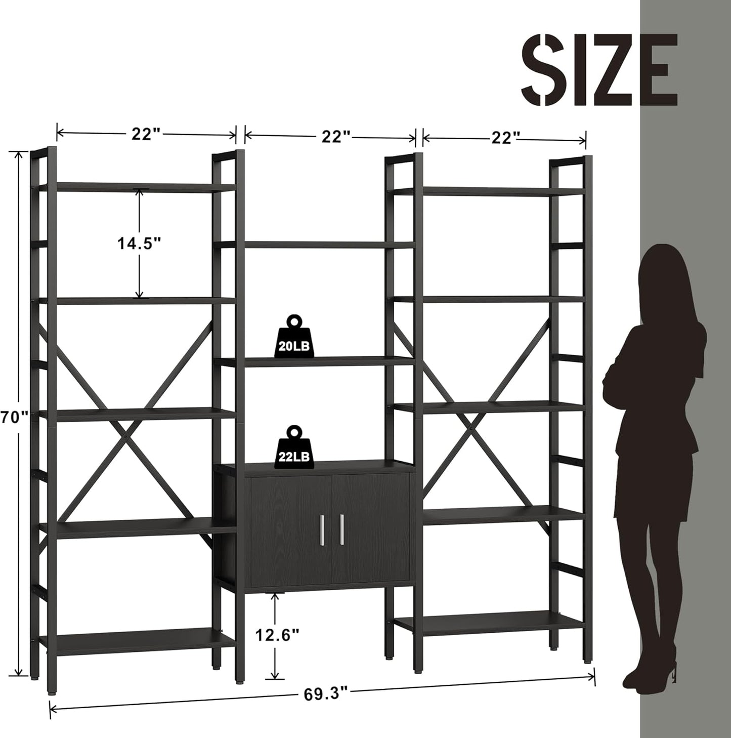70 x70 Triple 5 Tier Book Shelf, Industrial Large Bookcase with Storage Cabinet, Tall Bookshelf with 14 Open Display Shelves Metal Frame Furniture for Living Room Bedroom Home Office Black