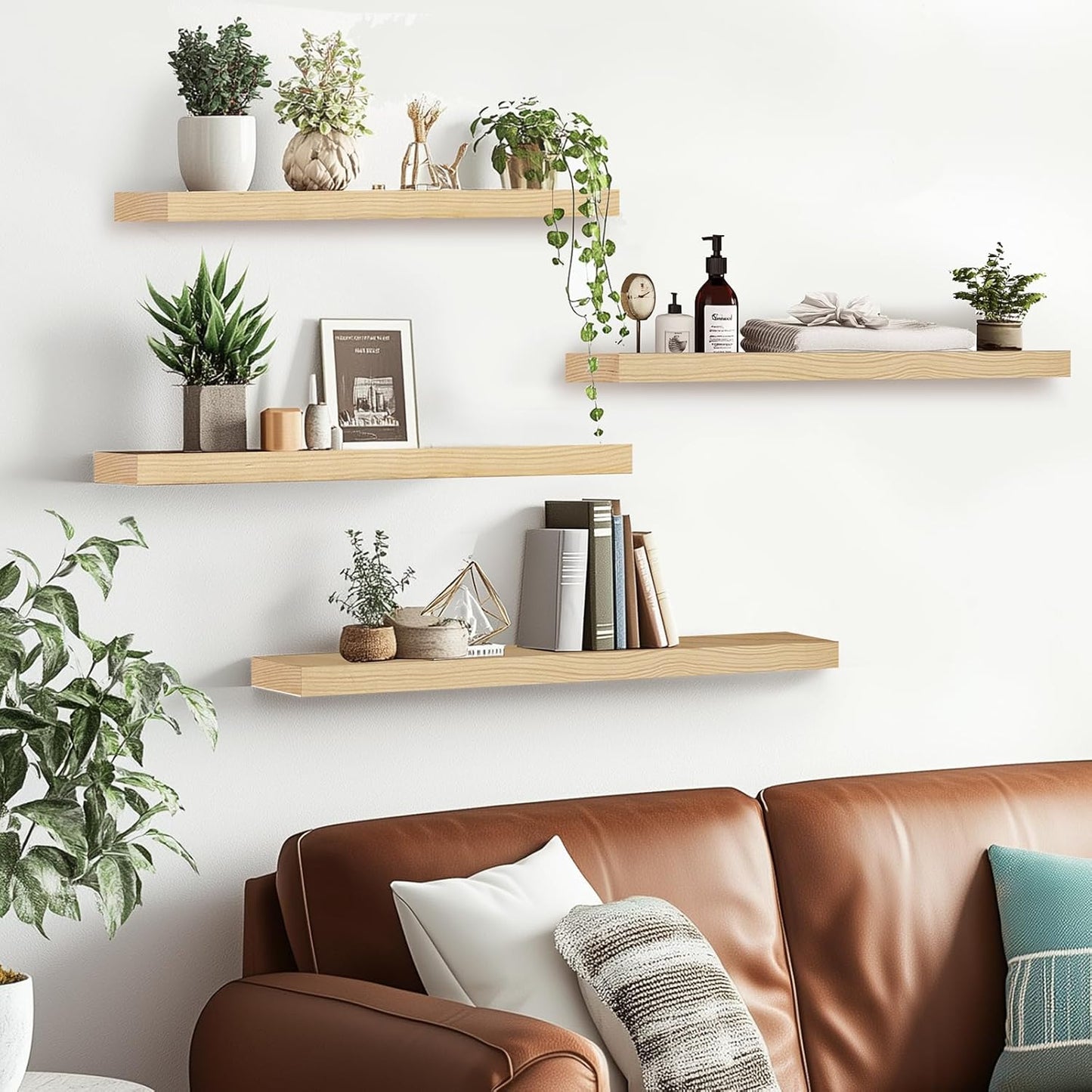 Floating Wall Shelves 4-Pack - Rustic Wood 16-inch Wooden Wall Shelves for Storage and Décor, Multi-Functional and Easy to Install for Living Room, Bedroom, and Kitchen