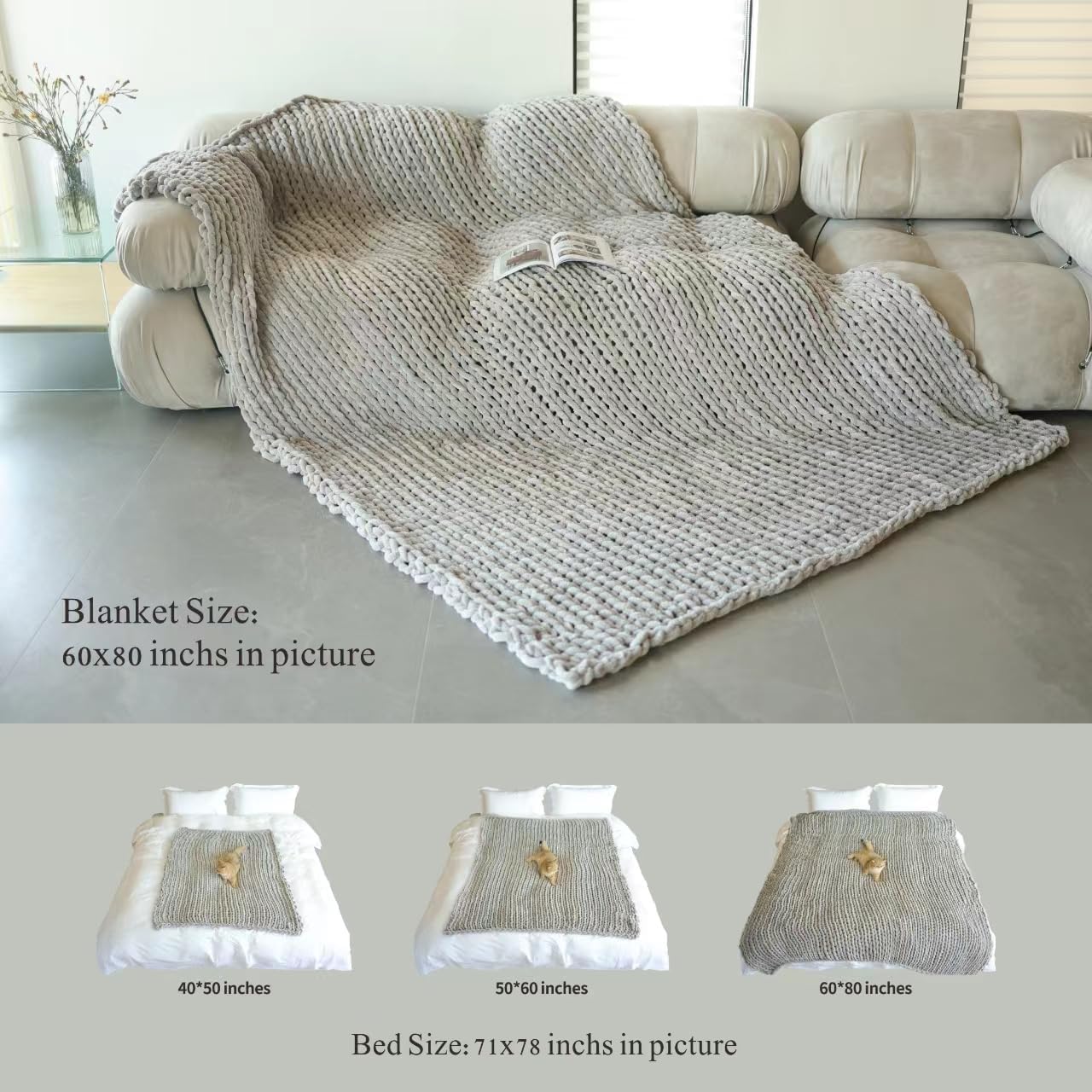 Maetoow Tighter Version Chenille Chunky Knit Blanket Throw （60×80 Inch）, Handmade Warm & Cozy Blanket Couch, Bed, Home Decor, Soft Fleece Banket, Boho Thick Blankets and Giant Yarn Throws，Brown