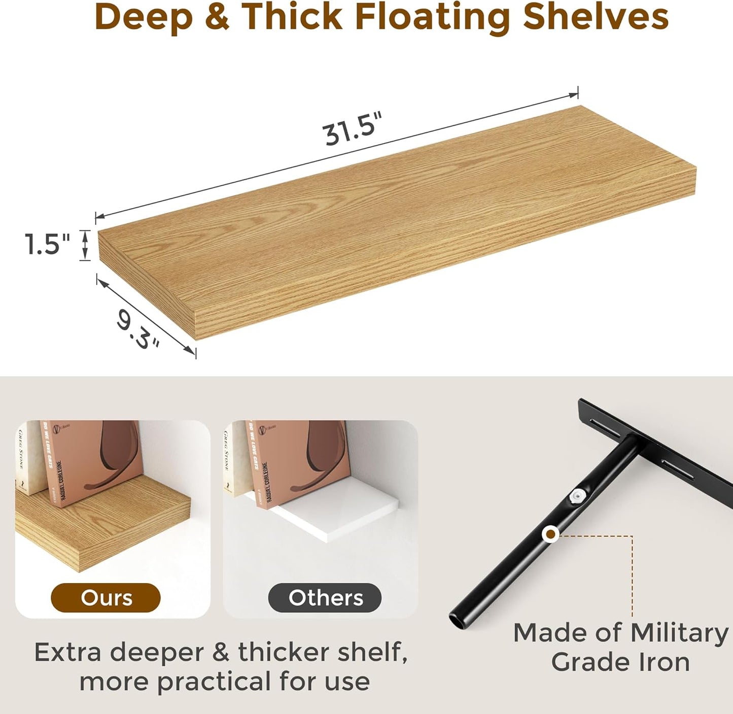 Rustic Wood Floating Shelves 32 Inch Long, 9 Inch Deep Wall Shelves for Home Decor, 32 x 9 Floating Shelf Wall Mounted Set of 2, Deep Floating Shelves for Kitchen, Bedroom, Living Room, Oak Color