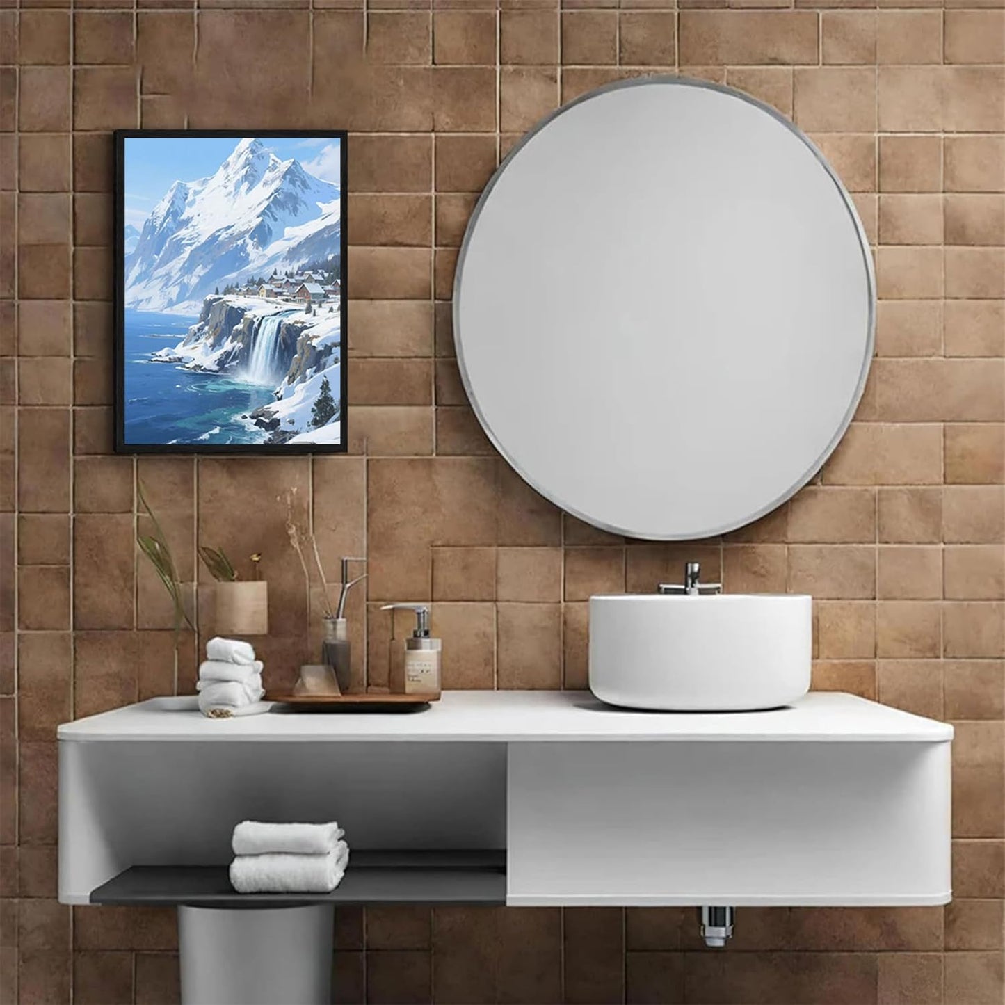 Winter lakeside town and snowy scenery merge together to form a landscape poster wall art suitable for living room bedroom and office