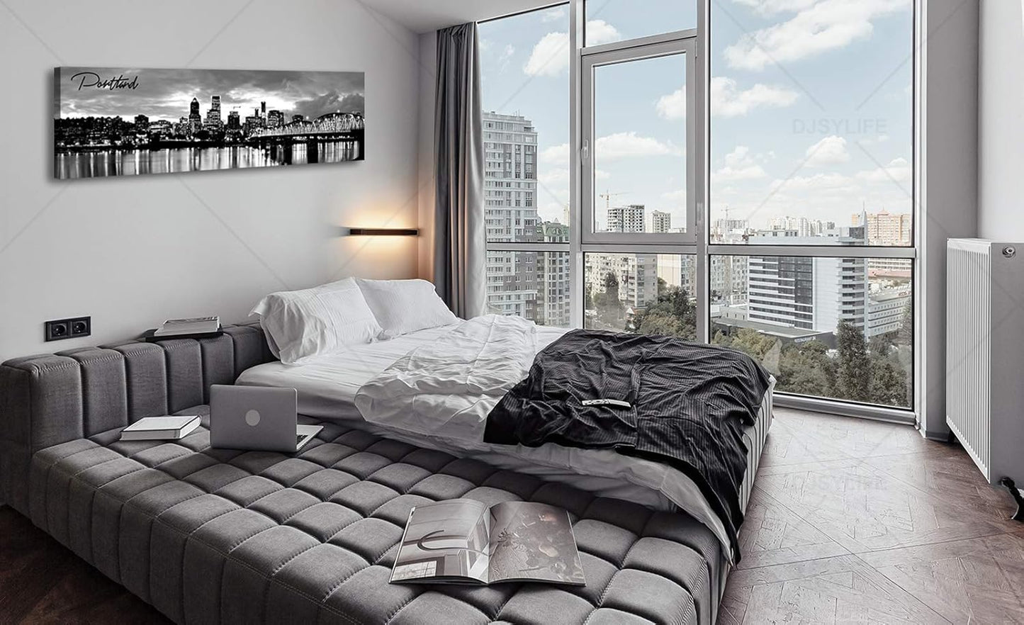 DJSYLIFE-Portland Skyline Canvas Print Modern City Landscape Wall Art USA Skyscraper Black and White Panoramic Night View Painting Office Living Room Home Decor Ready to Hang 13.8"x47.3"