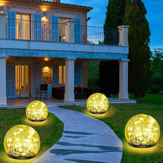 Solar Garden Lights, 4 Pack 120 LED Warm White Cracked Glass Outdoor Decorative, Upgraded Waterproof Ball for Yard Pathway Patio Lawn Christmas Outside Decor, 3.94"