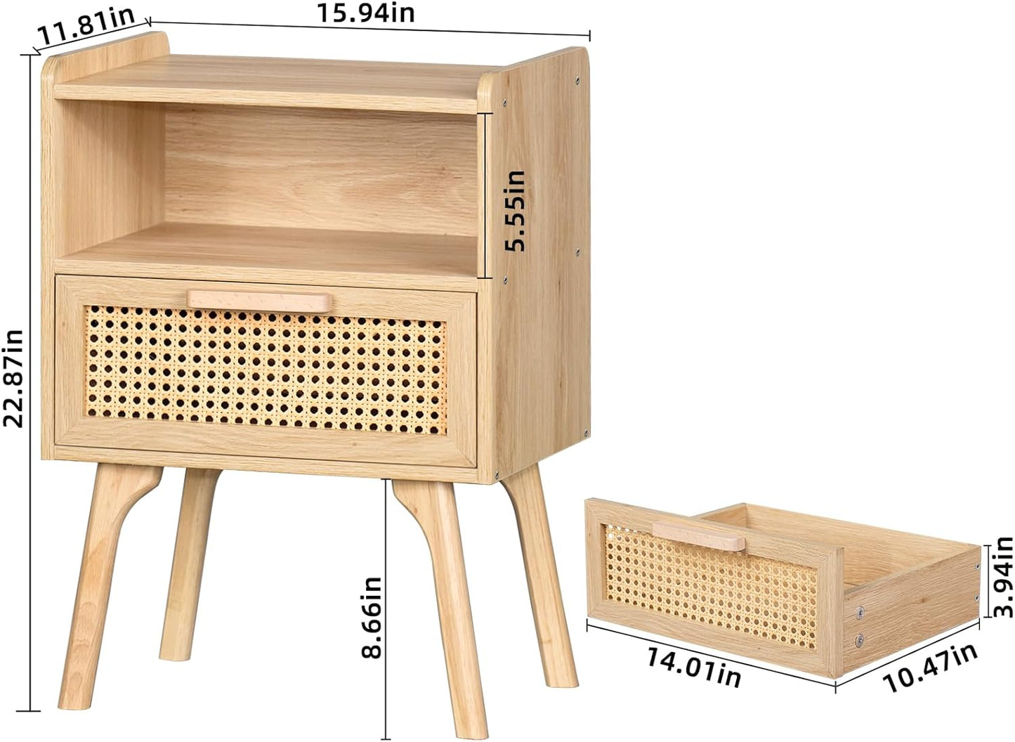 Lerliuo Rattan Nightstand, Boho Side Table with Drawer Open Shelf, Cane Accent Bedside End Table with Solid Wood Legs for Bedroom, Dorm and Small Spaces (Natural)