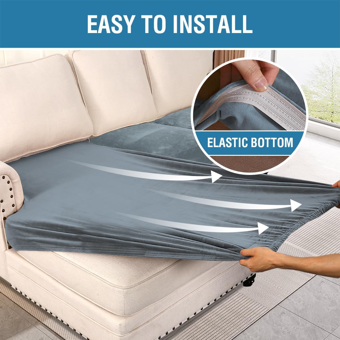 H.VERSAILTEX Velvet Stretch Sectional Couch Covers - 4 Piece Sofa Seat Cushion Set - L Shape Separate Cushion - Both Left/Right Couch Chaise Cover - Large Sofa 3 Seater + 1 Chaise, Stone Blue