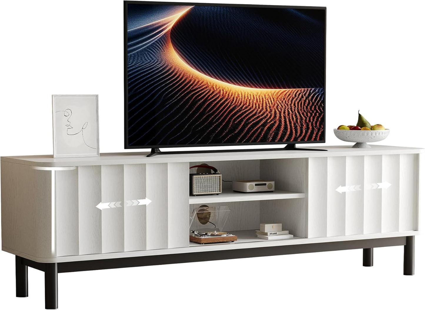 White Mid Century Modern TV Stand, Wood Fluted Living Room TV Stands with Storage Sliding Doors, Desert-Inspired Design MCM Entertainment Center for 55 60 65 70 75 55+ 60+ 65+ 70+ Inch
