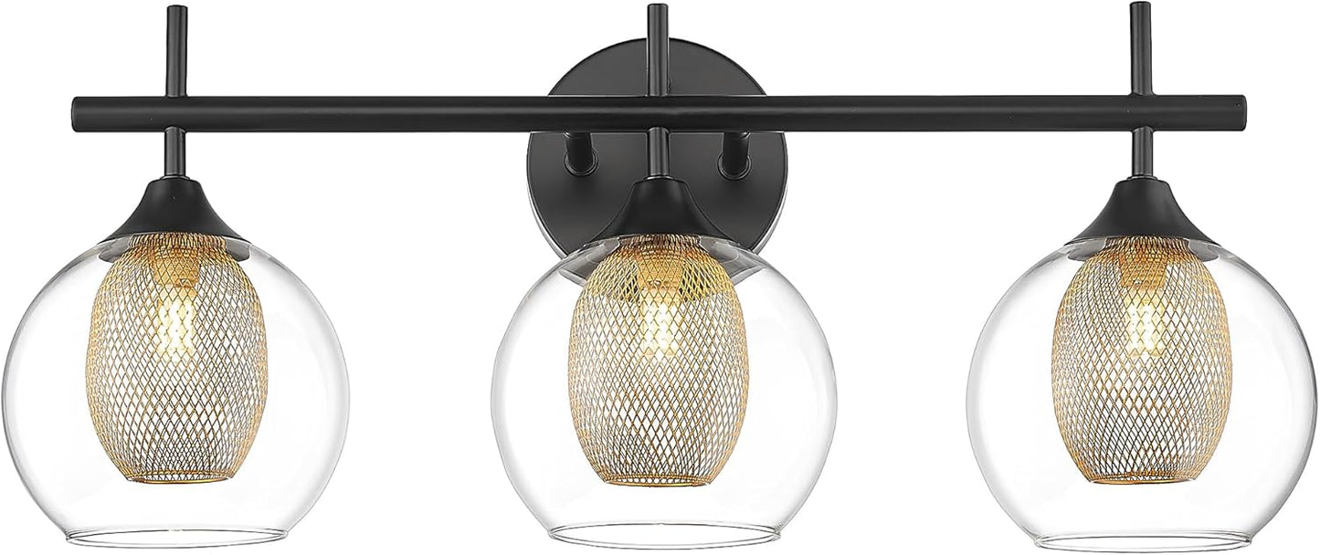 Bathroom Light Fixtures, 3-Light Black and Gold Vanity Lights Over Mirror, Farmhouse Wall Sconce Lighting with Clear Glass and Honeycomb Metal Shade, AD-22001-3W-BK