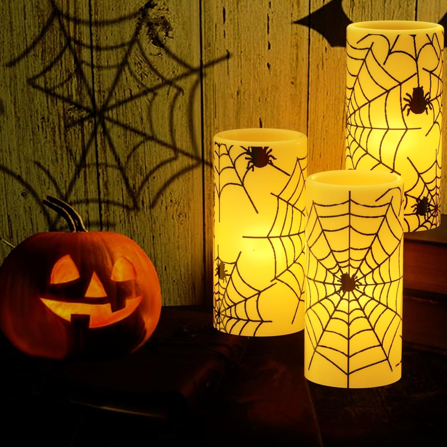 Wondise Halloween Flickering Flameless Candles with Spider Decals, Battery Operated Candles with 6hrs Timer, Real Wax Halloween LED Candles for Horror Spooky Halloween Home Decoration(Set of 3, 3"x6")