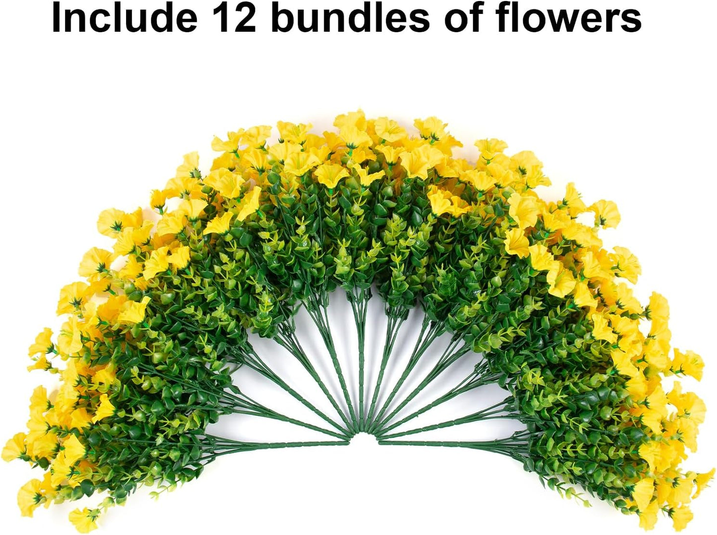 Artificial Mums for Outdoors Fake Fall Flowers Plants for Autumn Decoration, 12 Bundles Silk Morning Glory with Eucalyptus Look Real UV Resistant Yellow Faux Mums for Outside Planters Front Door Yard