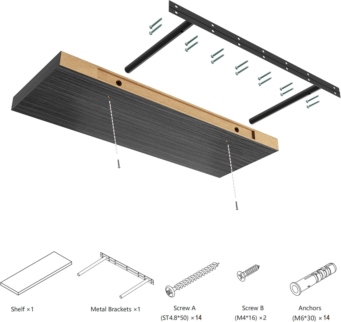 Large Floating Shelves for Wall Set of 1 Wooden Wall Shelves 24 in x 12.75 in x 2 in Room Decor Long Shelf with Invisible Wall Mount Bracket for Bedroom Kitchen Living Room Black Wood