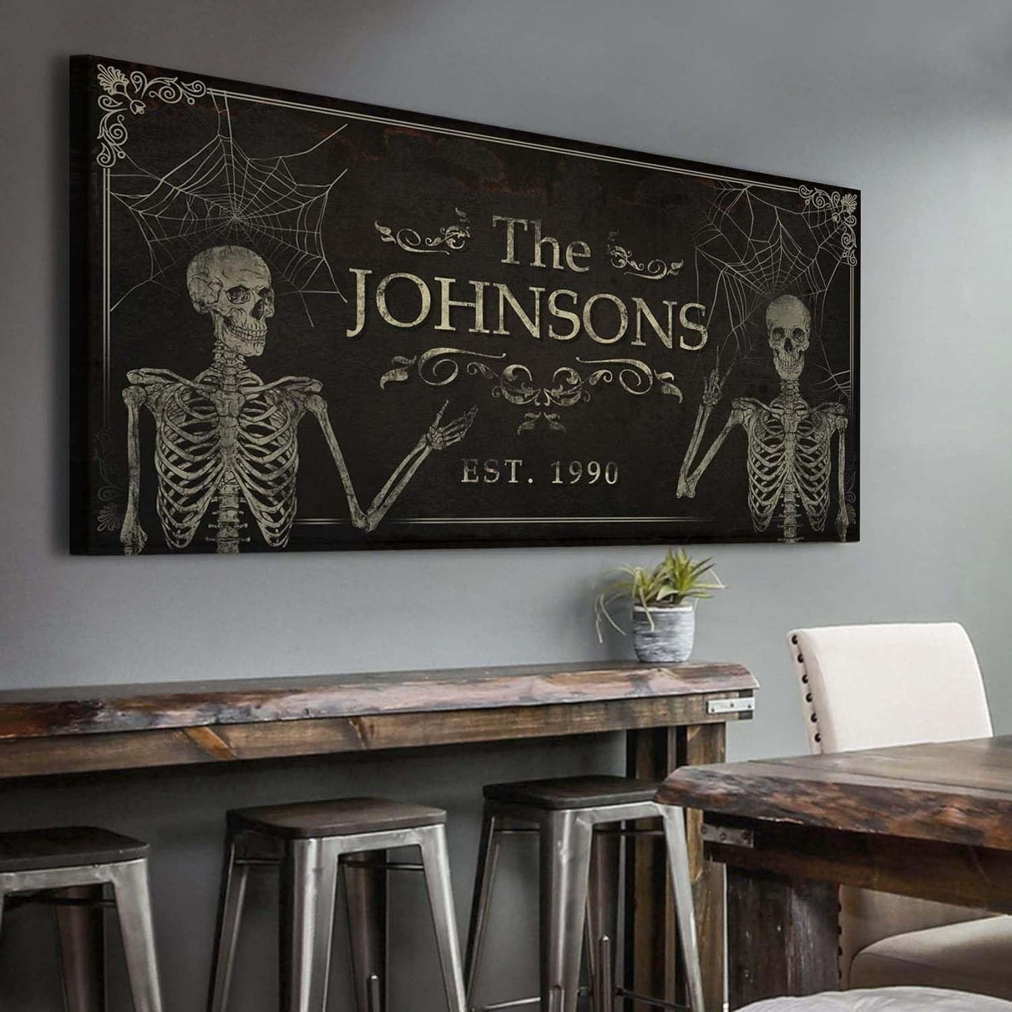 Tailored Canvases Gothic Family Wall Decor - Personalized Grunge Vintage Skeleton Room Decor for Home, Halloween Lovers, Men & Women for Bedroom, Living Room - Goth Spooky, Custom Couple Name, 36"x12"